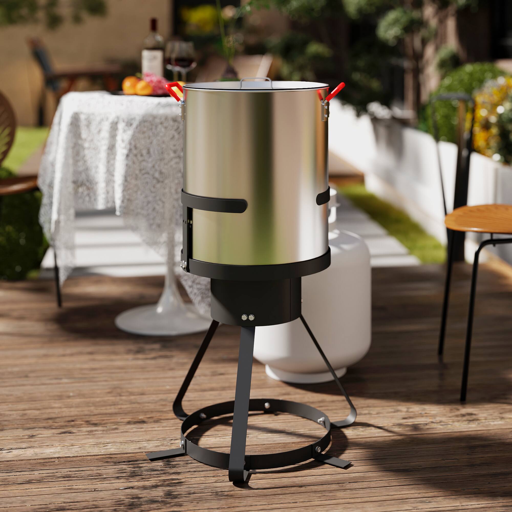 Alt View 6. FEASTO - 30 QT Turkey Fryer Pot with Basket and Burner Stand for Outdoor Seafood Boiling and Turkey Frying - Silver & Black.