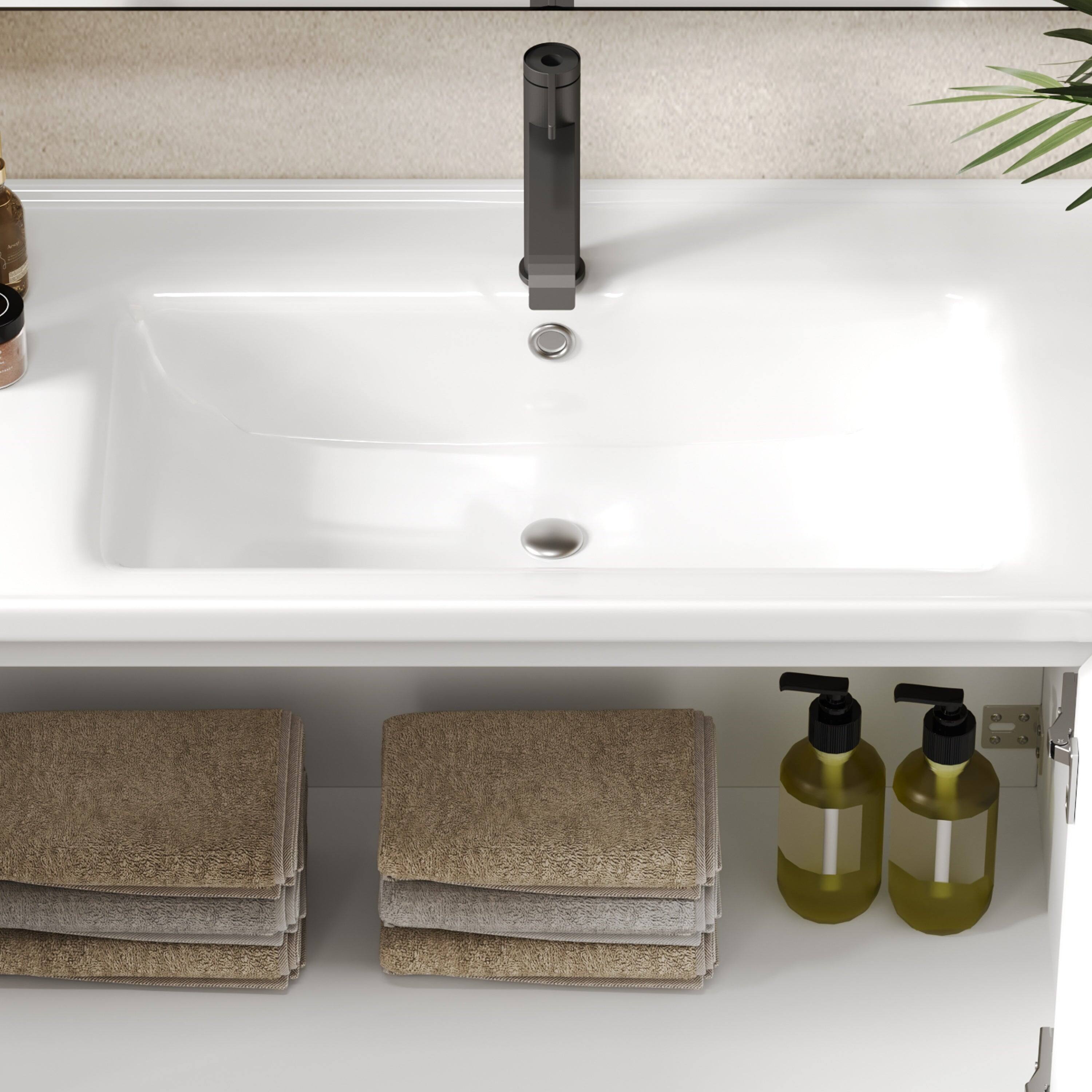 Alt View 7. Boyel Living - 36 Inch Modern Wall Mounted Bathroom Vanity with Ceramic Sink Floating Design Soft Close Doors Open Shelves White - White.