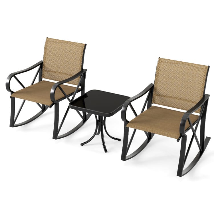SlickBlue - 3-Piece Outdoor Rocker Chair Set for Patio or Backyard with Smooth Motion - Brown