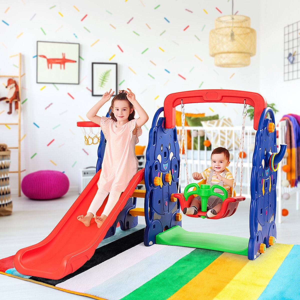 Alt View 2. Costway - Costway 3 in 1 Junior Children Climber Slide Swing Seat Basketball Hoop Playset Backyard - Multicolor.