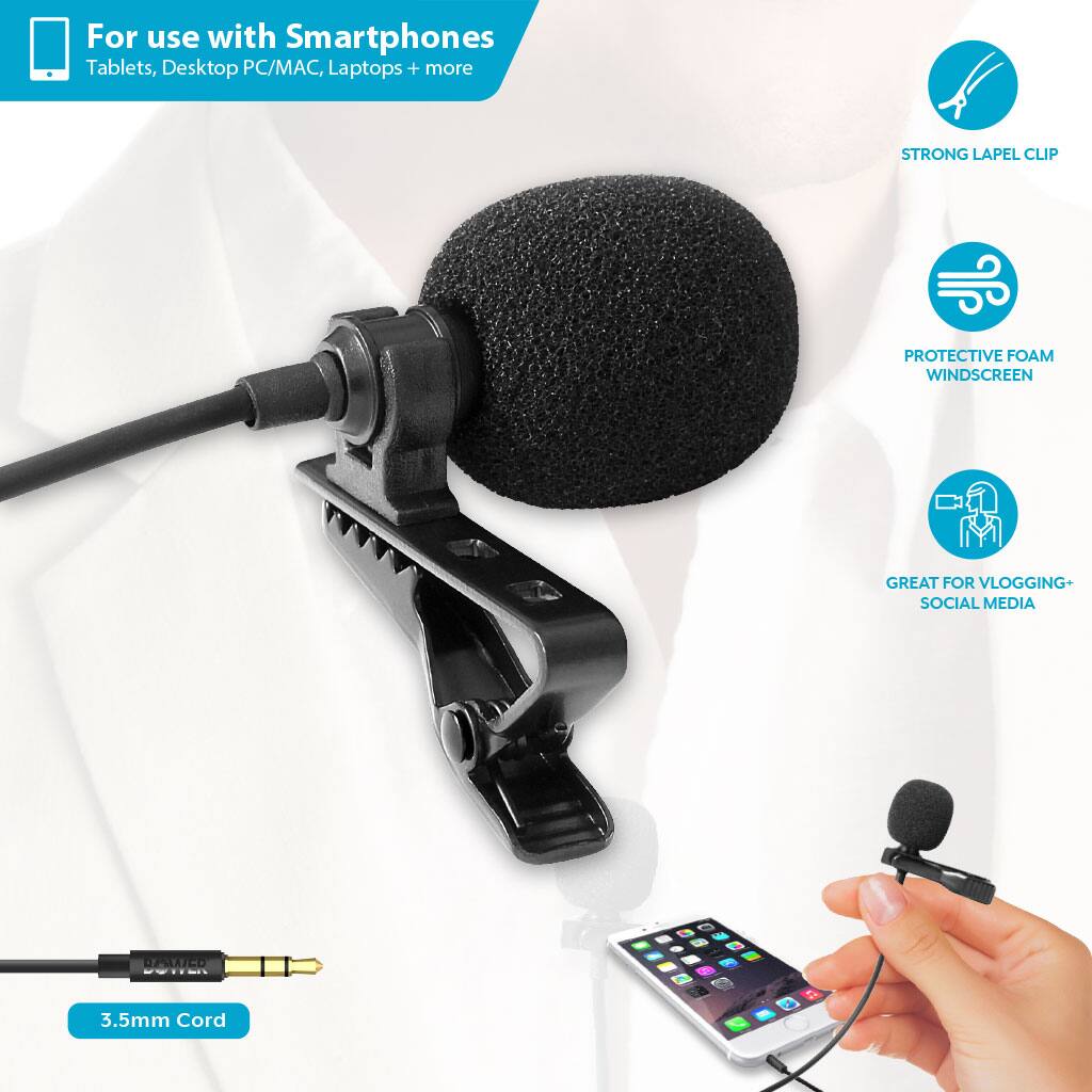 For use with Smartphones, Tablets, Desktop PC/MAC, Laptops + more

STRONG LAPEL CLIP

PROTECTIVE FOAM WINDSCREEN

GREAT FOR VLOGGING + SOCIAL MEDIA

3.5mm Cord