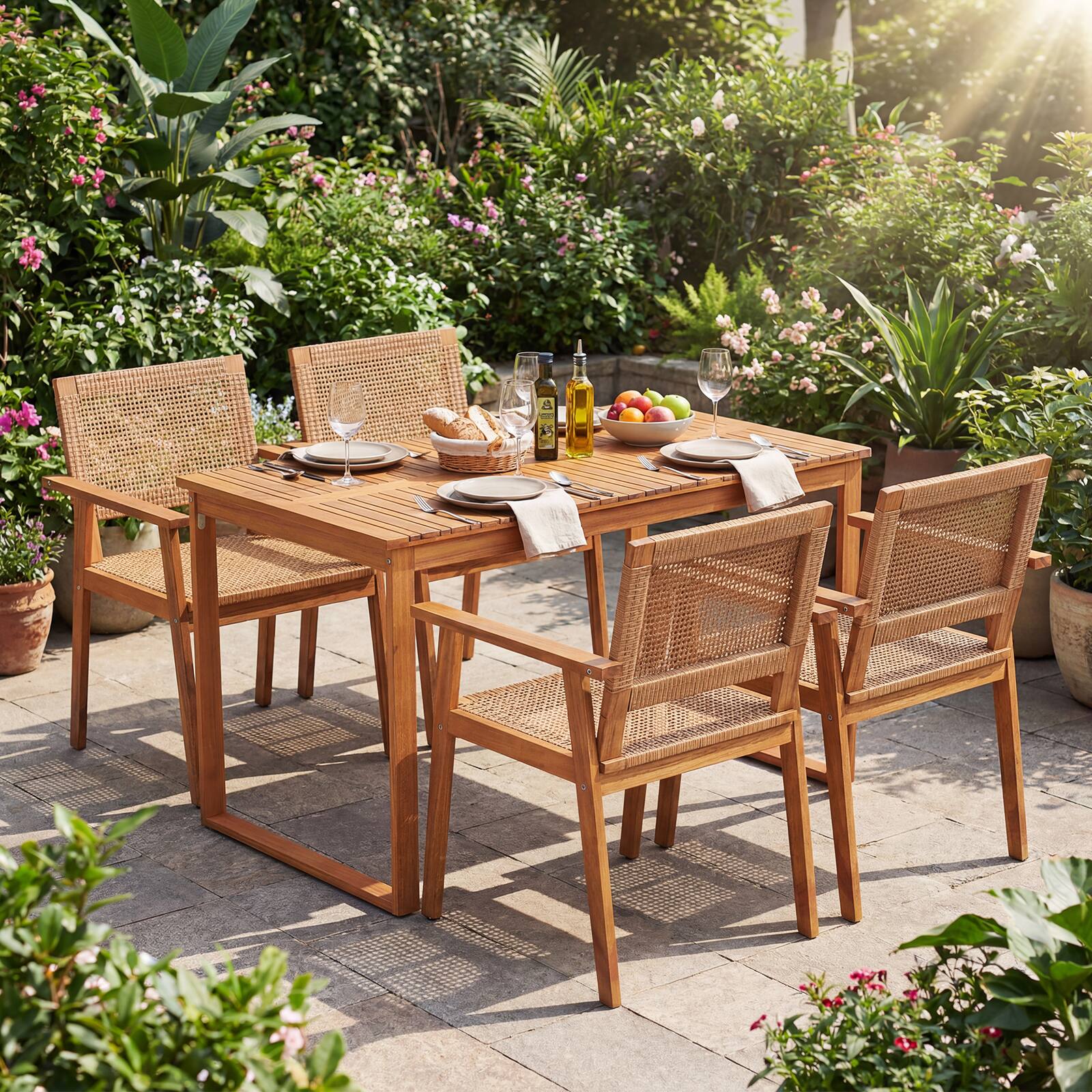 Alt View 4. Gymax - Gymax 5PCS Acacia Wood Dining Set Outdoor Table & Rattan Chairs for Balcony Poolside - Yellow.