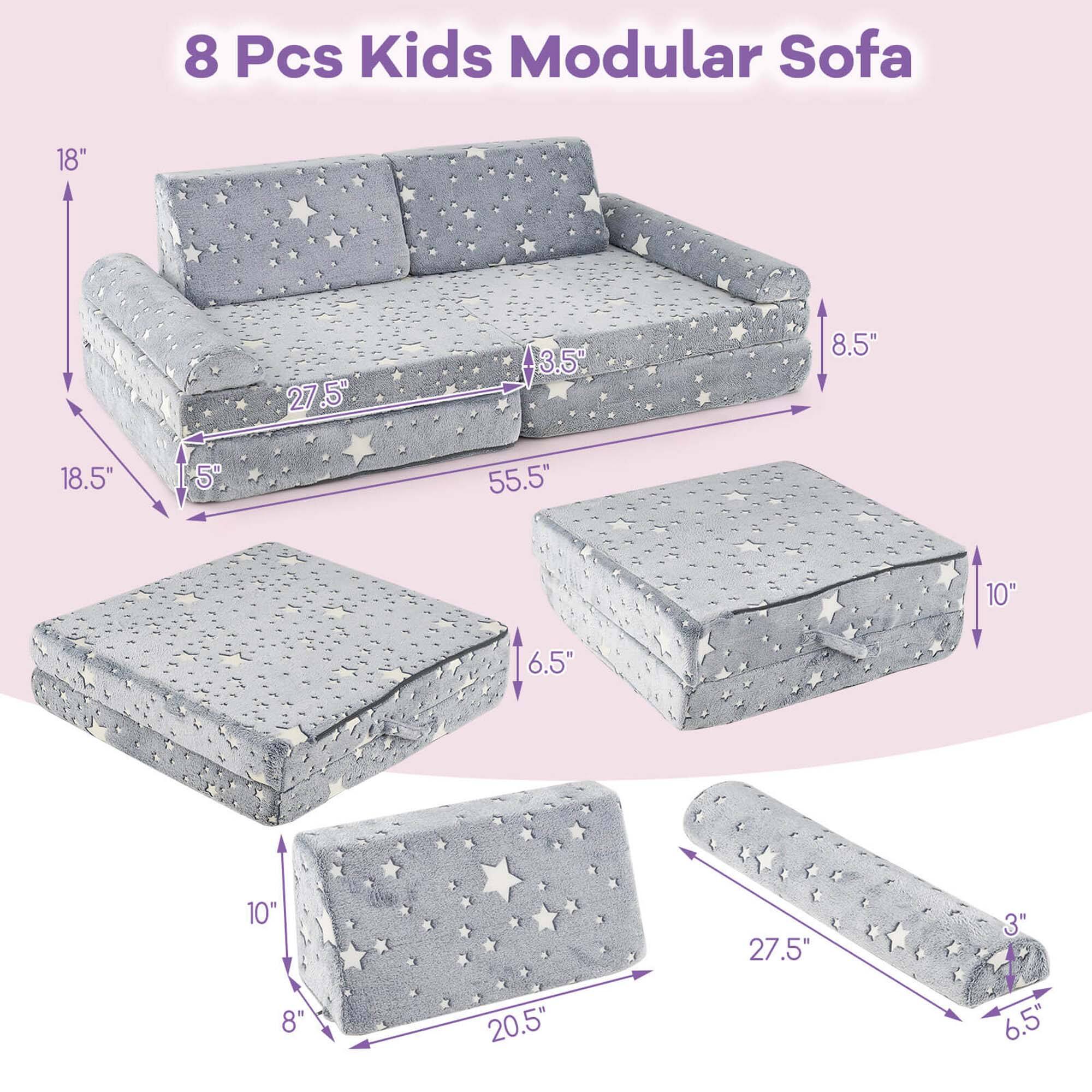 8 Pcs Kids Modular Sofa

- 18" (height)
- 27.5" (width)
- 3.5" (depth)
- 8.5" (depth)
- 18.5" (width)
- 15" (height)
- 55.5" (length)
- 10" (height)
- 6.5" (depth)
- 10" (height)
- 27.5" (width)
- 3" (depth)
- 8" (height)
- 20.5" (width)
- 6.5" (depth)