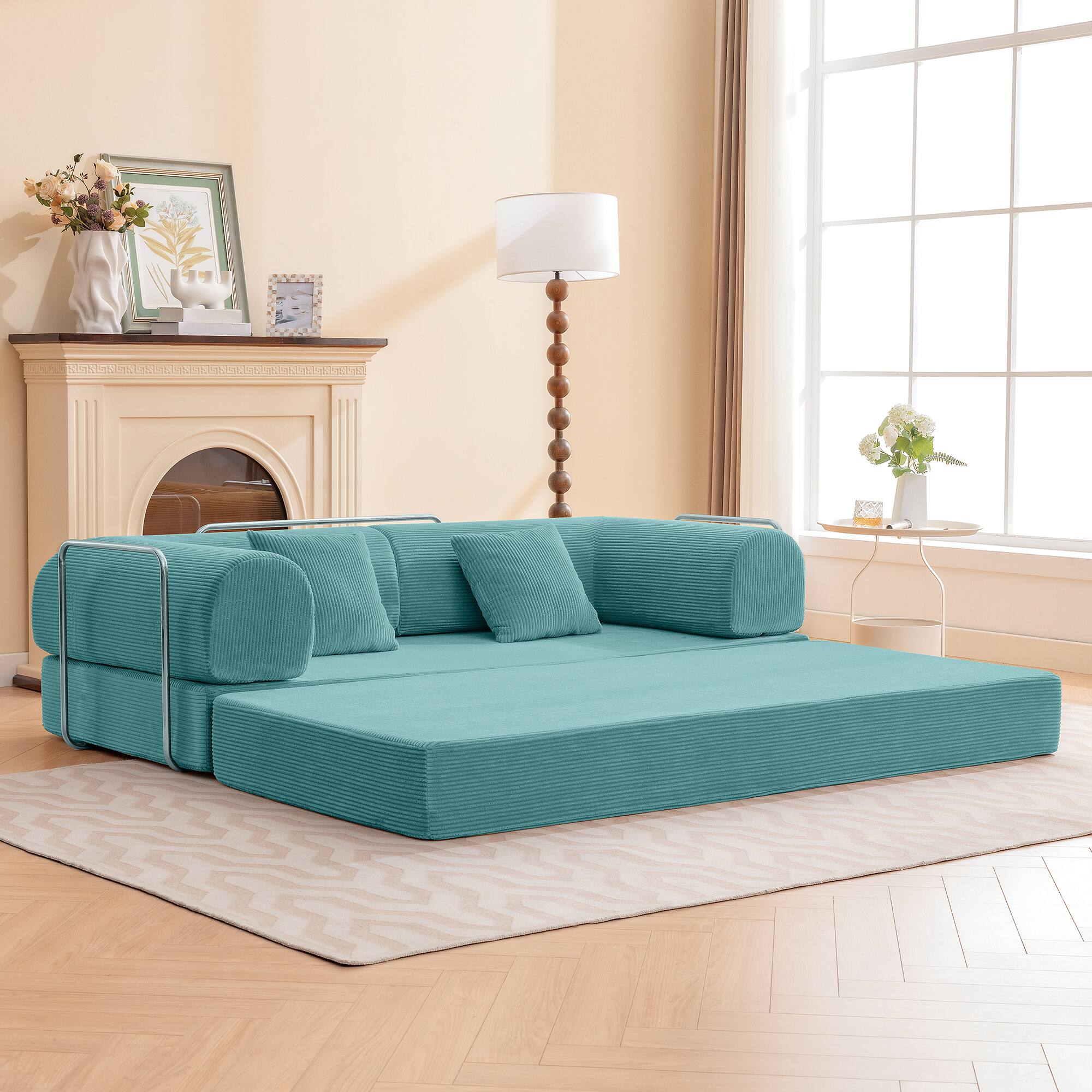 Angle. KERDOM - 78 Inch W Sectional Modular Sofa, 3-4 Person Corduroy Sofa Bed Foldable, High Rebound Density Sponge Sofa, Block Couch - Aqua Blue.