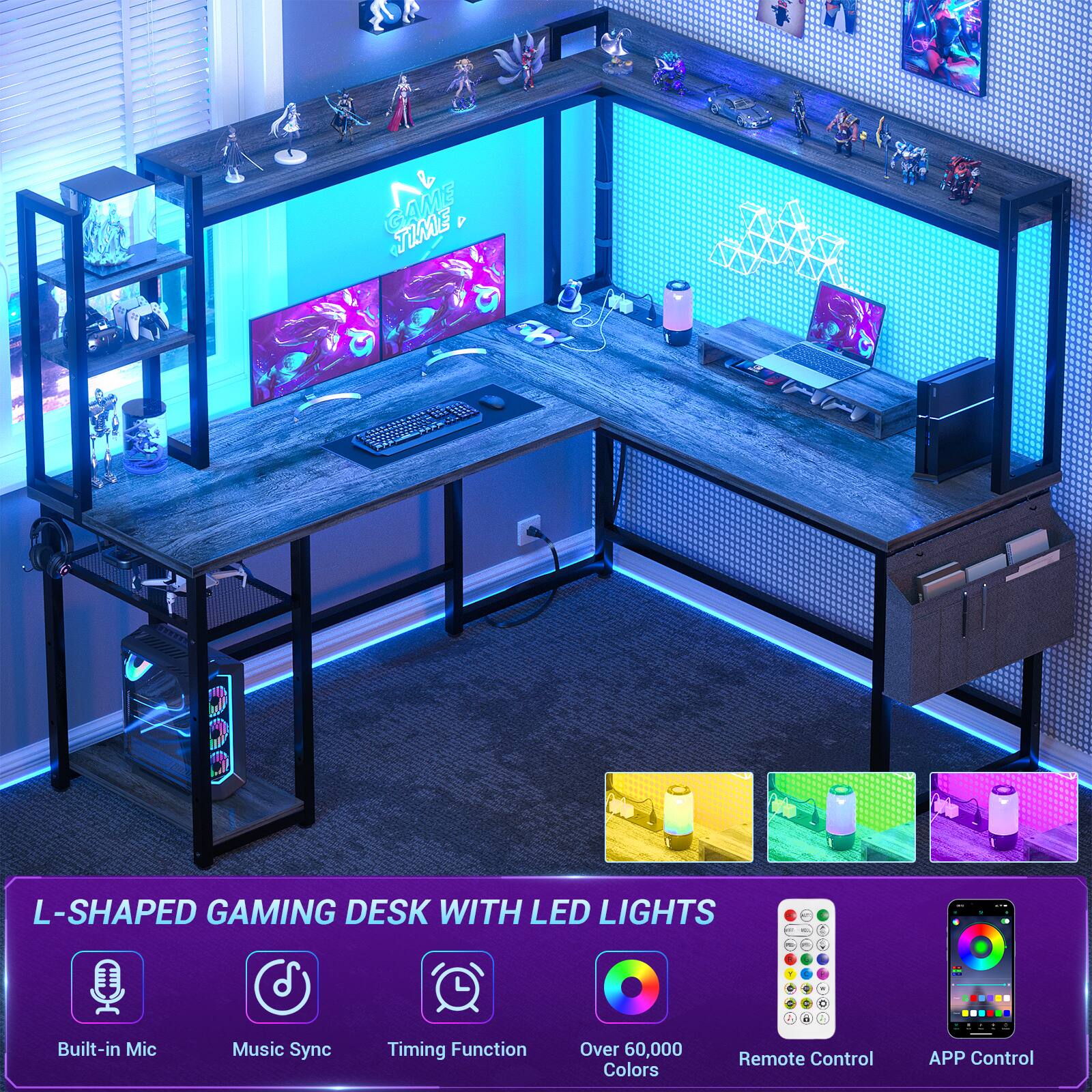 L-SHAPED GAMING DESK WITH LED LIGHTS

- Built-in Mic
- Music Sync
- Timing Function
- Over 60,000 Colors
- Remote Control
- APP Control