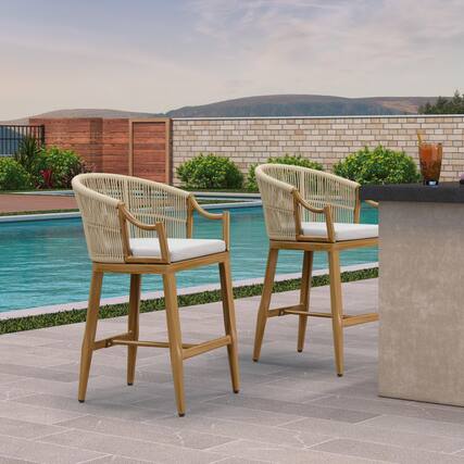 Front. PURPLE LEAF - Patio Counter Height Set of 2 Outdoor Rattan Chairs with Back Modern Aluminum Woven Barstools for Garden Indoor Kitchen - Teak-Counter Stool.