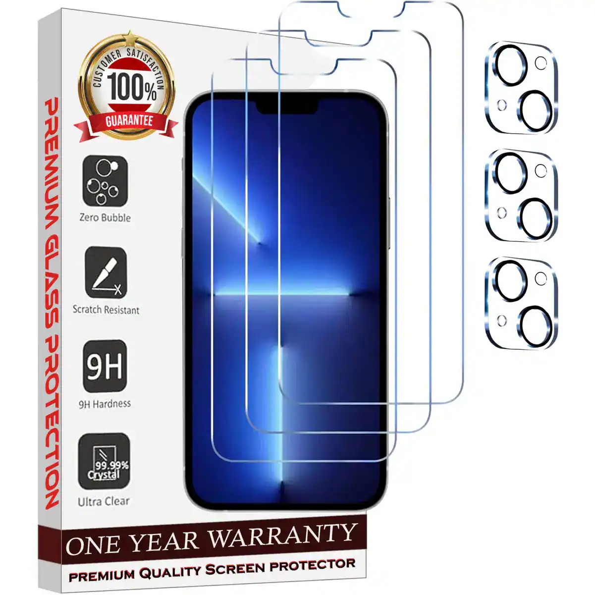 CUSTOMER 100% SATISFACTION GUARANTEE PREMIUM Zero Bubble GLASS Scratch Resistant 9H 9H Hardness PROTECTION ONE Ultra Crystal 99.99% Clear YEAR QUALITY SCREEN WARRANTY PROTECTOR