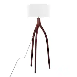 Loheer - Wishbone Contemporary Floor Lamp Wood White Fabric Shade Mid Century Modern Standing Light for Living Room - Walnut