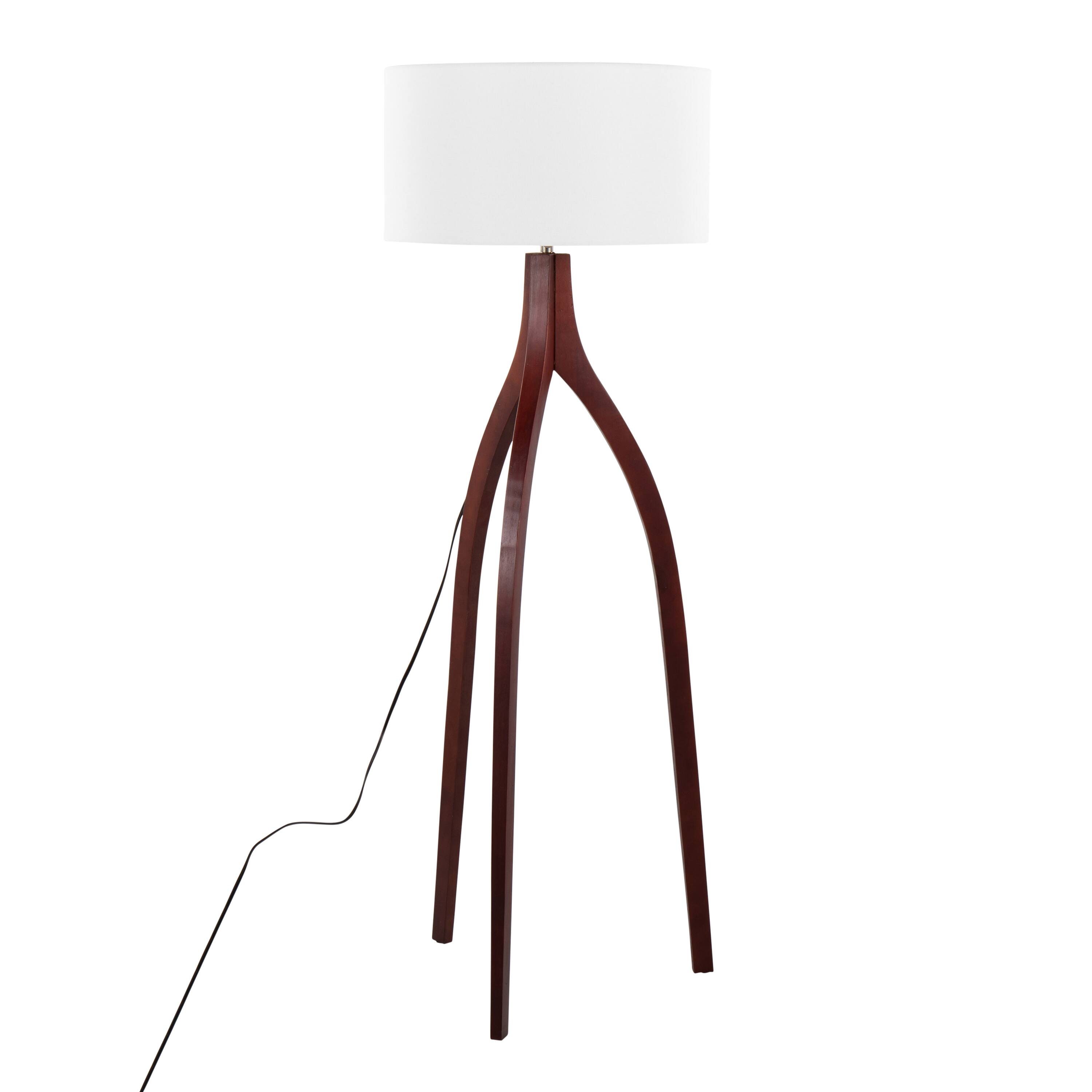 Front. Loheer - Loheer Wishbone Contemporary Floor Lamp Walnut Wood White Fabric Shade Mid Century Modern Standing Light for Living Room - Walnut.