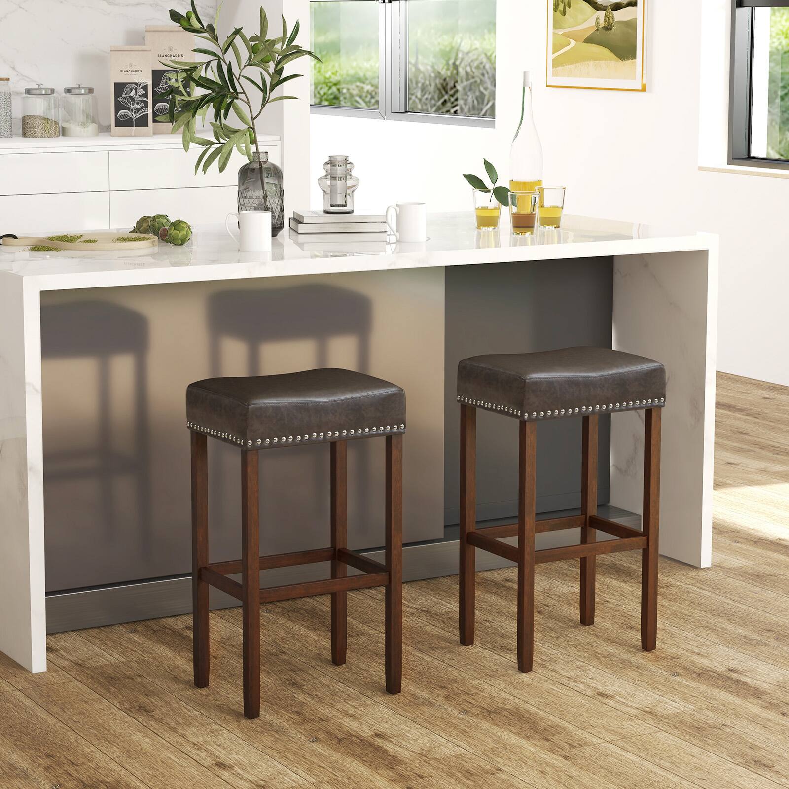 Alt View 1. Costway - 29.5" Wood Frame PU Leather Upholstered Bar Stools Set of 2 with Footrests - Gray+Brown.