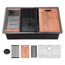 JUJABU - 28 in. L x 18 in. W Undermount Workstation Kitchen Sink with Accessories - Gunmetal Black