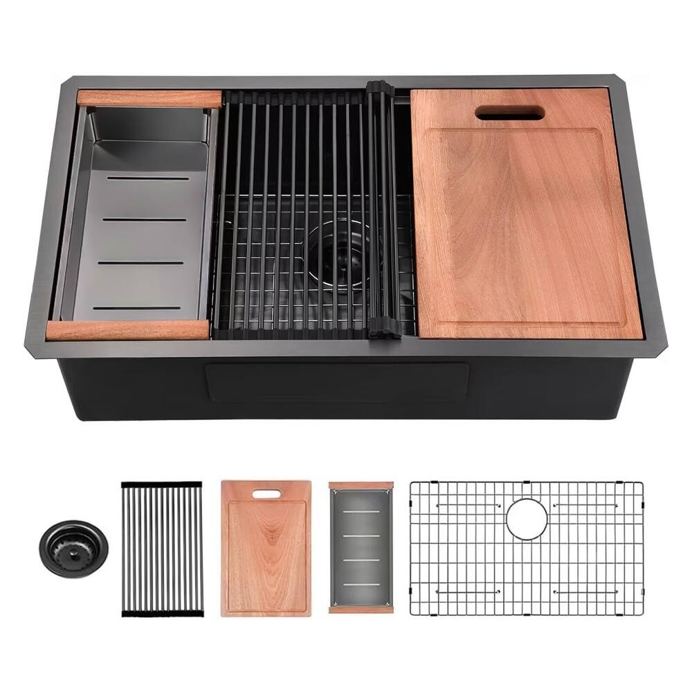 Front. JUJABU - 28 in. L x 18 in. W Gunmetal Black Undermount Workstation Kitchen Sink with Accessories - Gunmetal Black.