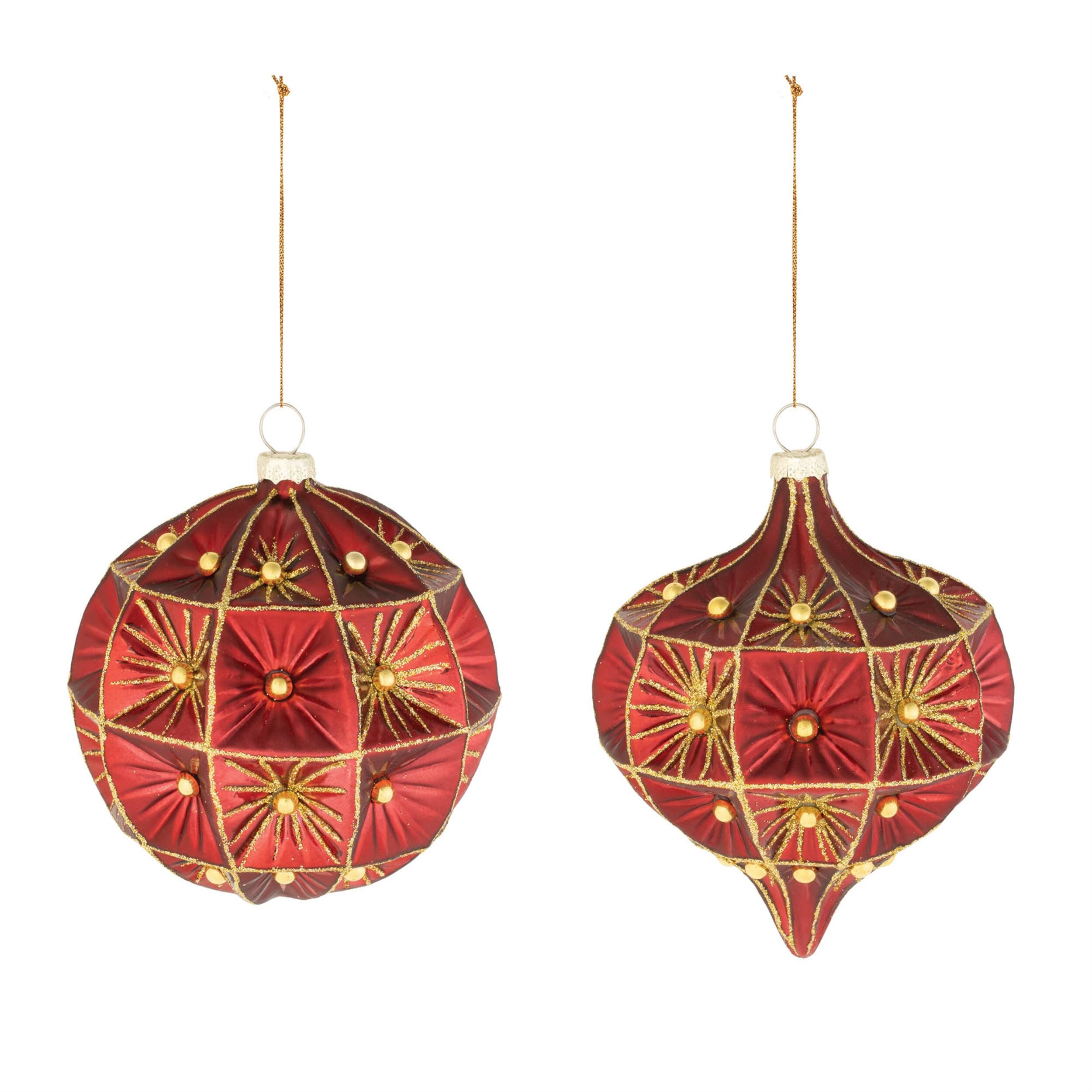 Angle. BreeBe - Beaded Glass Ornament (Set of 6) - Red, Gold.