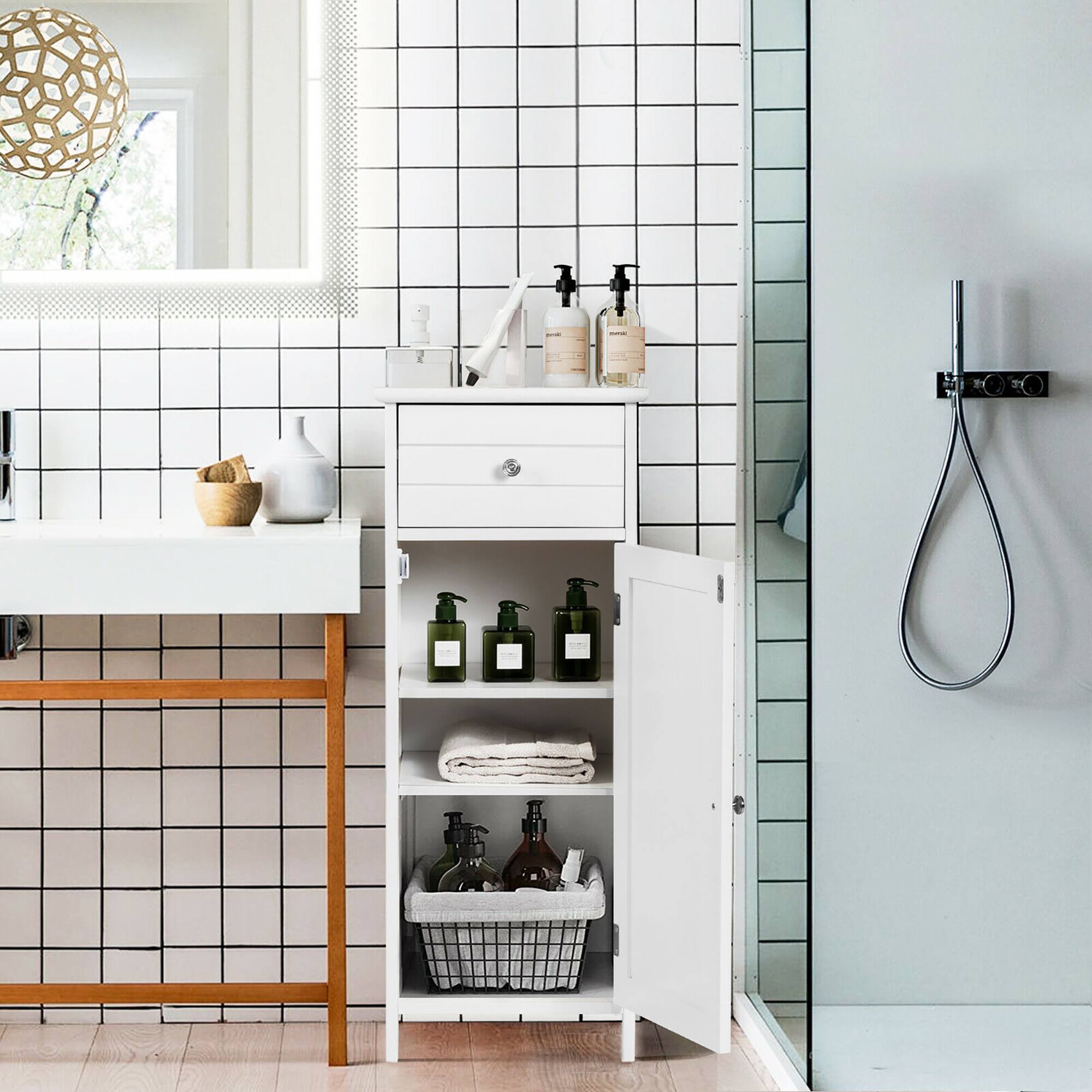 Alt View 1. Costway - Costway Wooden Bathroom Floor Storage Cabinet Organizer with Drawer and Adjustable Shelf - White.