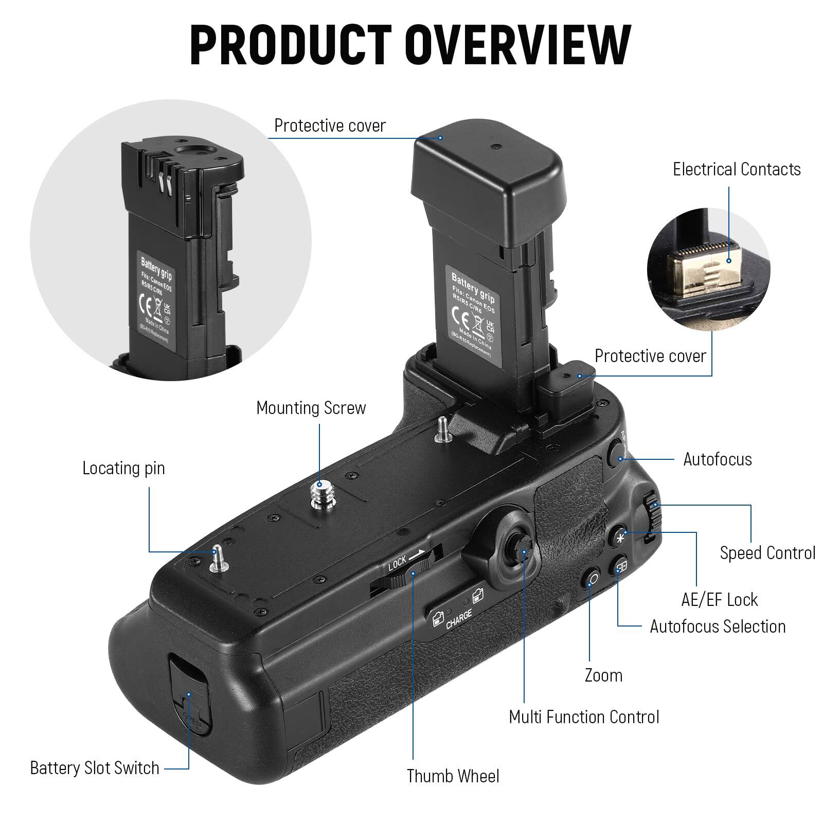 PRODUCT OVERVIEW

- Protective cover
- Electrical Contacts
- Battery
- Protective cover
- Mounting Screw
- Locating pin
- Autofocus LOCK
- Speed Control
- CHARGE
- AE/EF Lock
- Autofocus Selection
- Zoom
- Multi Function Control
- Battery Slot Switch
- Thumb Wheel