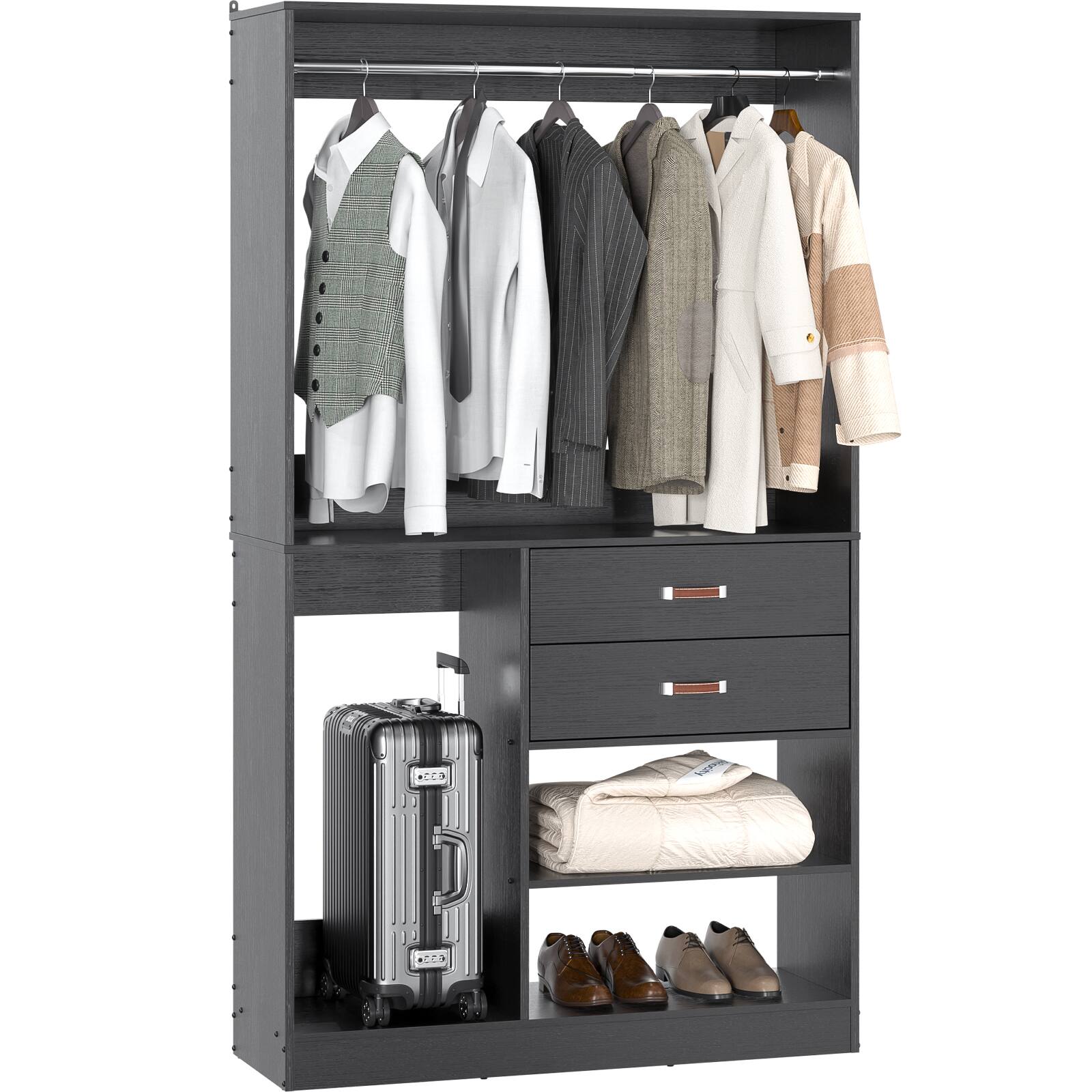 Alt View 2. Aheaplus - 40'' Closet Organizer System with 2 Drawers, Walk-in Closet System with 5 Shelves, Hanging Rod and Suitcase Storage - Black.