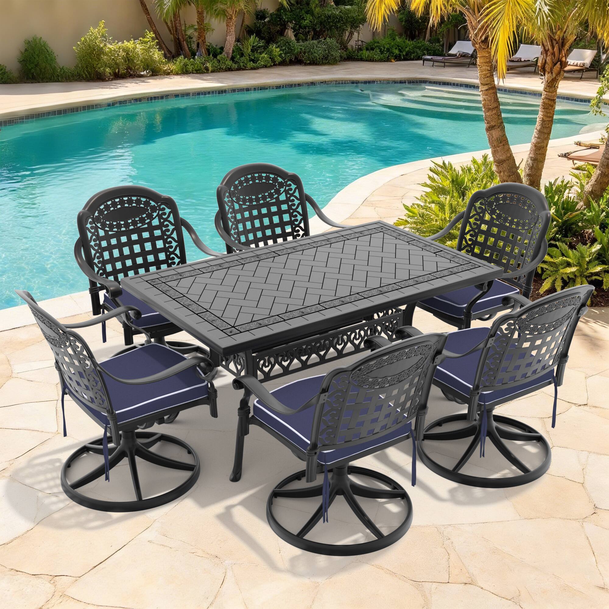 Left. Anysun - 7-Piece All-Weather Cast Aluminum Dining Set with 6 Swivel Chairs & Rectangular Table, Black Frame for Patio or Garden - Black.