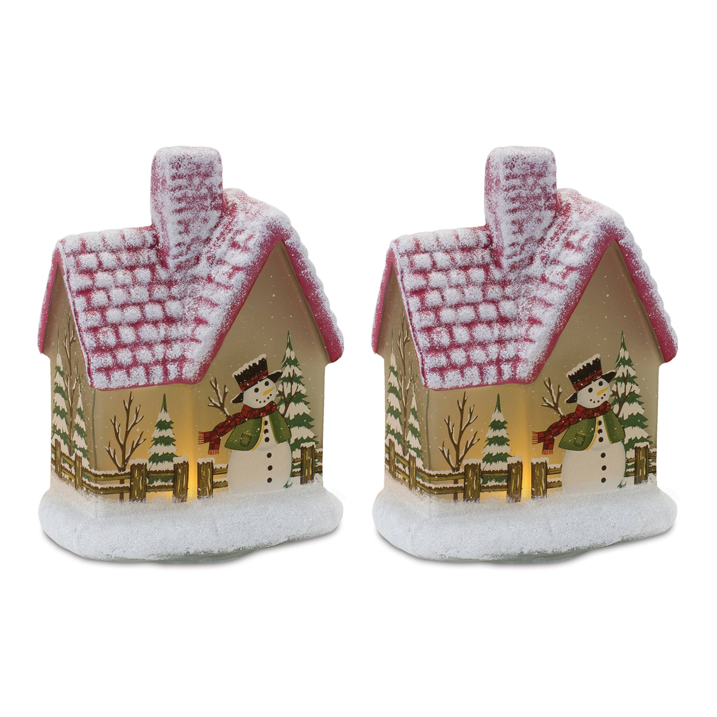 Angle. BreeBe - LED Lighted House with Snowman (Set of 2) - Red, White.