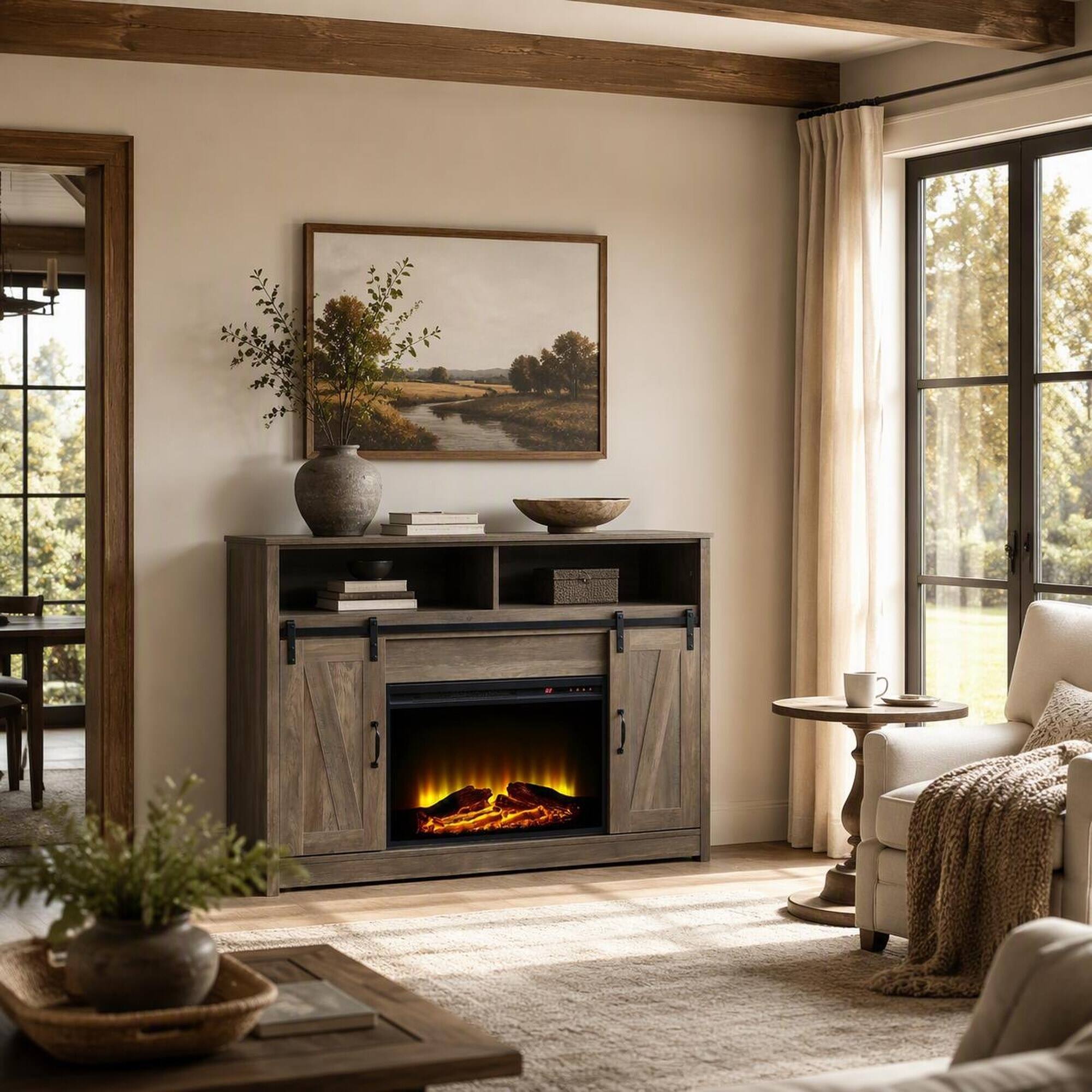 Angle. RYHNUYNE - Tobias Rustic Oak TV Stand with Built-In Fireplace, Sliding Barn Door Storage Cabinet, 2 Door and Open Shelves - White.