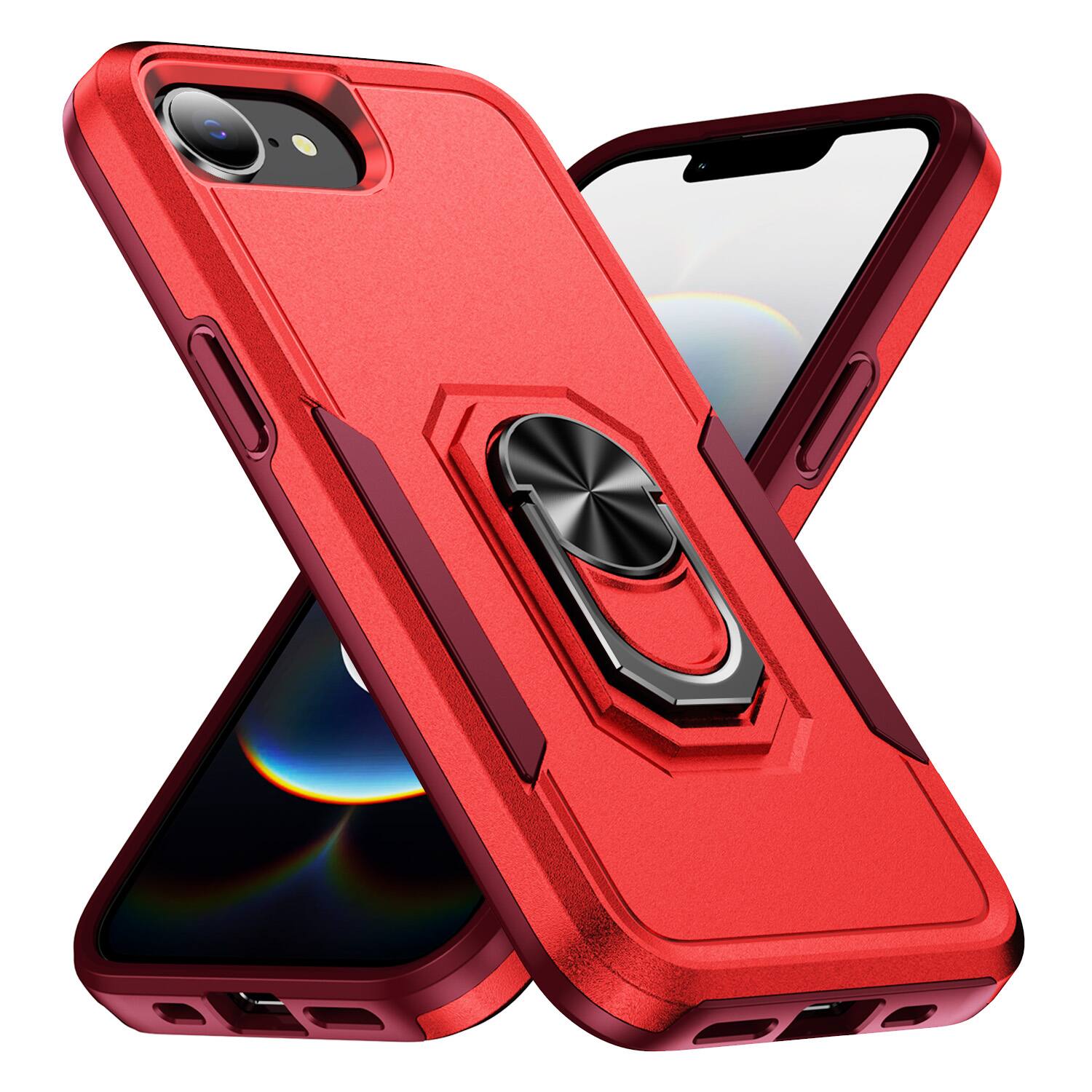 Dteck - for Apple iPhone 17e / 16e Heavy Duty Case with Foldable Metal Ring Stand,Fit Magnetic Car Holders,Shockproof Cover - Red/Rose