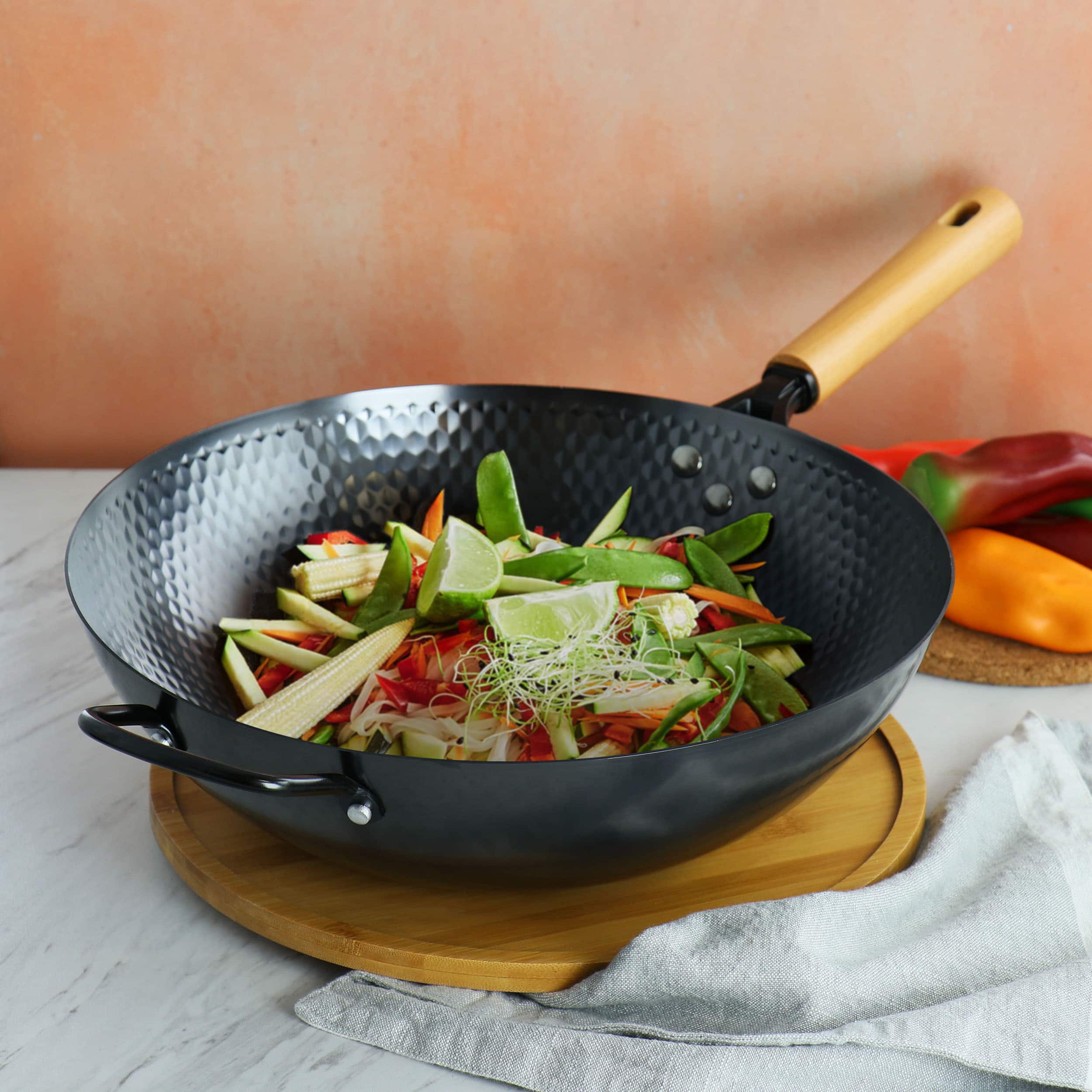 Oster Bressler 13.5in Nonstick Carbon Steel Wok with Wooden Handle