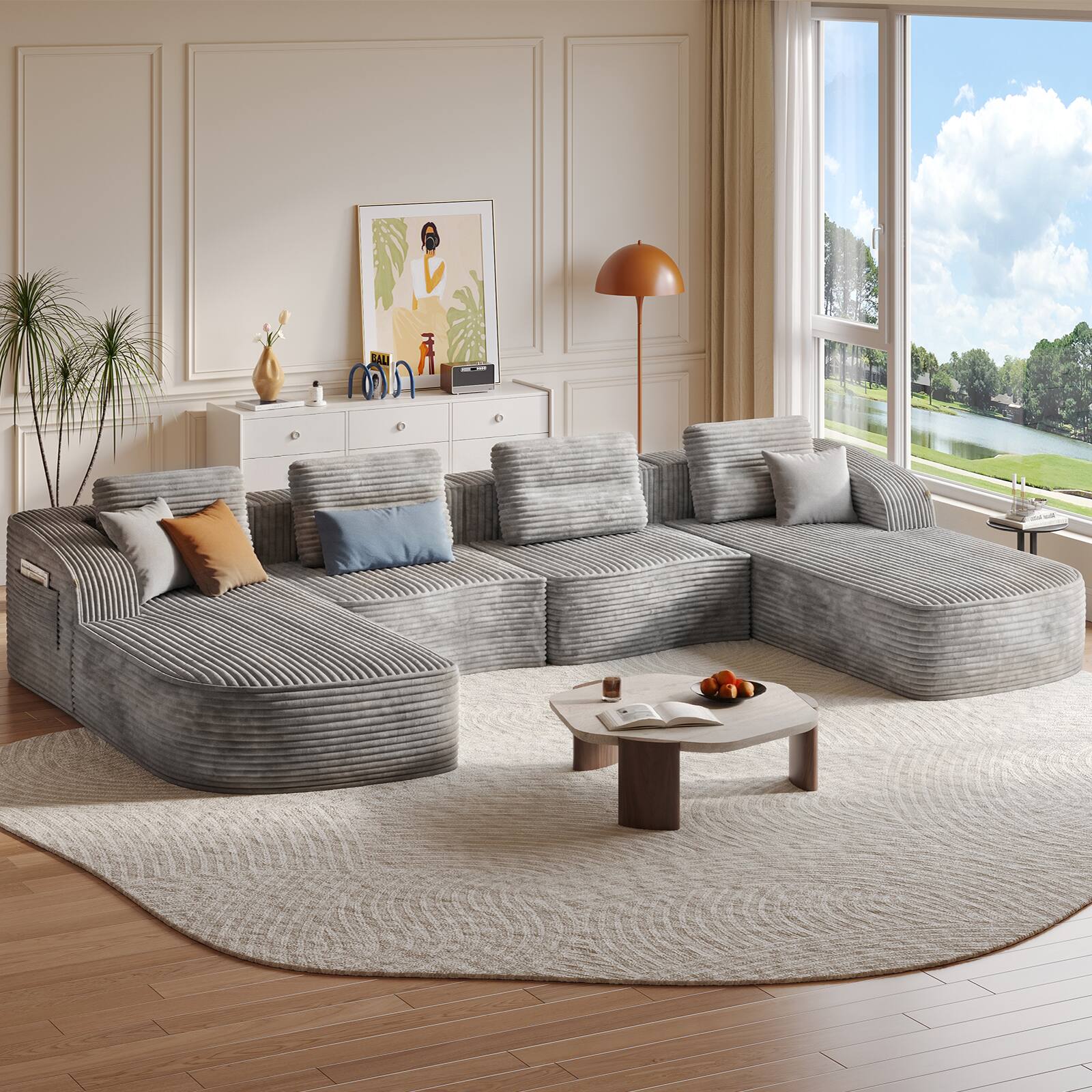 Angle. Pinmoco - PINMOCO Modular Sectional Sofa, Sleeper Sofa Bed with 3 Pillows, Boneless Couch with Side Pockets - U-Shape Gray.
