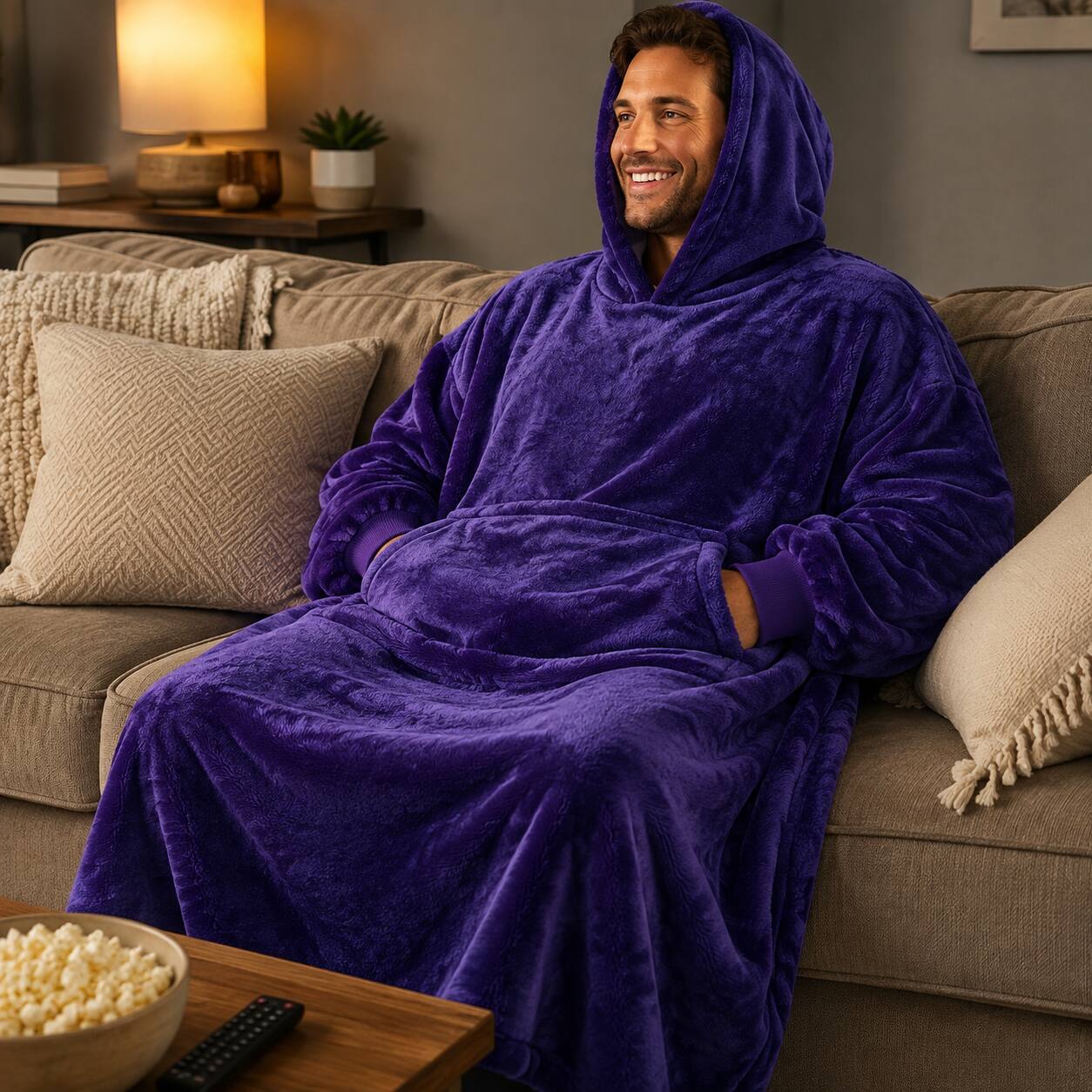 Alt View 2. Oumilen - Oversized Wearable Hoodie Blanket, 55.1 Inch XL Super Soft Flannel Hooded Blanket Sweatshirt with Pocket, Purple - Purple.