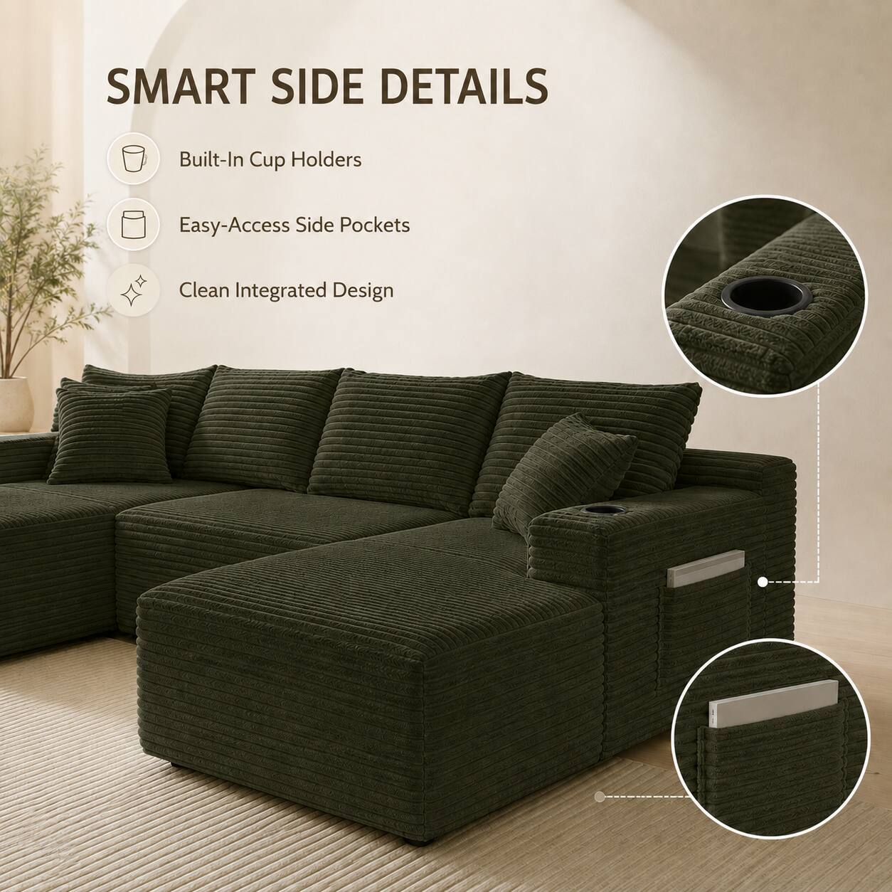 SMART SIDE DETAILS  
- Built-In Cup Holders  
- Easy-Access Side Pockets  
- Clean Integrated Design
