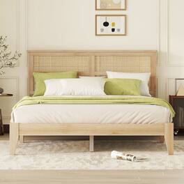 GOODSILO - Queen Size Solid Wood Bed with Rattan Headboard and Enhanced Support Feet - Natural