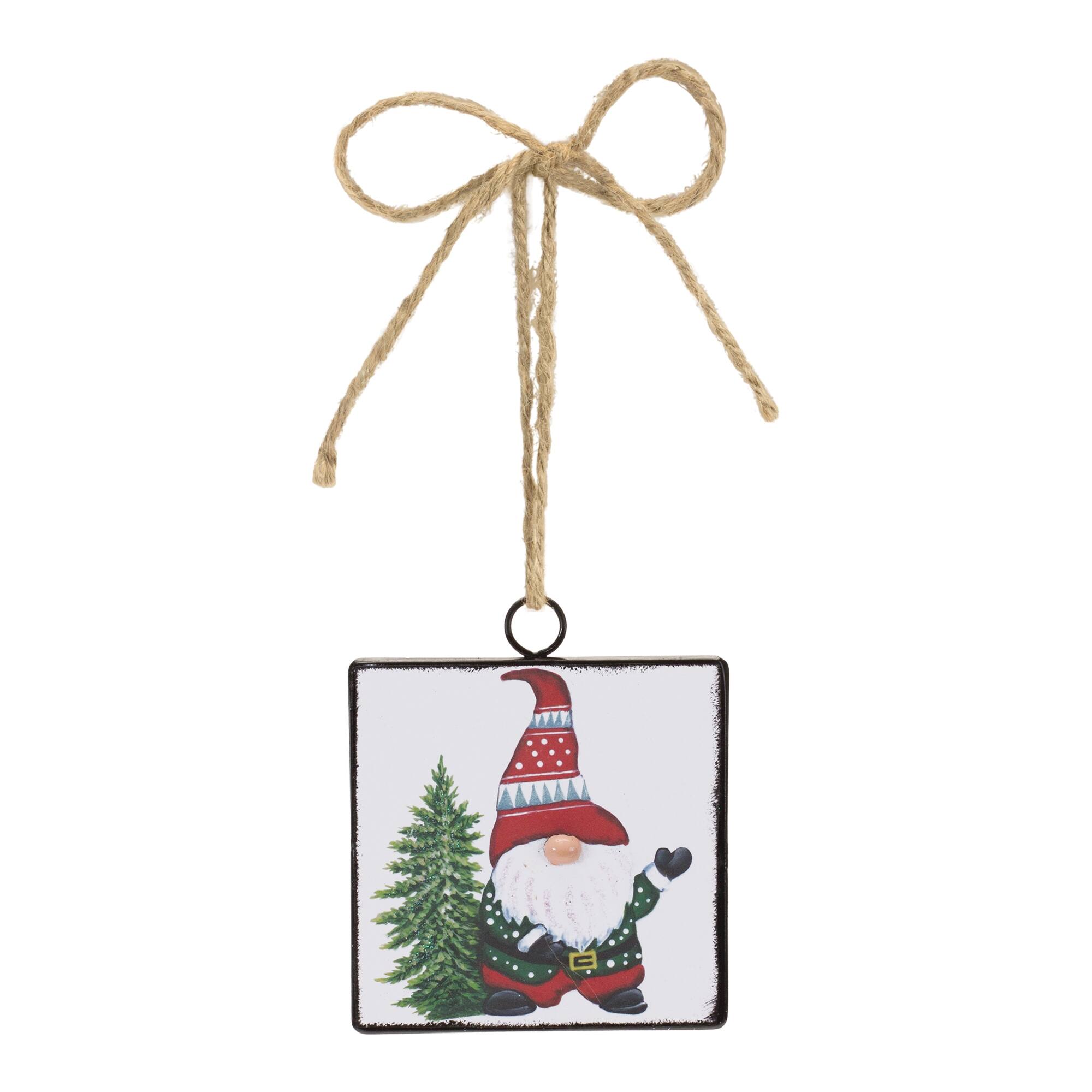 Angle. BreeBe - Metal Gnome with Tree Ornament (Set of 12) - Red, White.