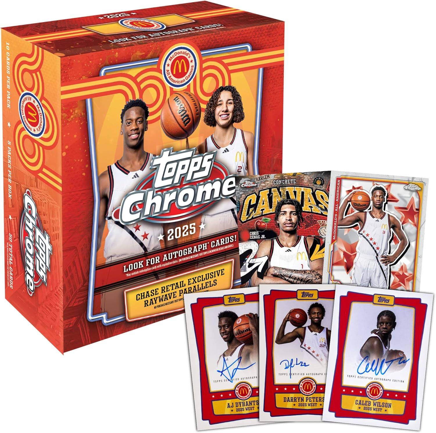 10 CARDS PER PACK  
2 JAEKS PER ROX  
5403 TE CARDS  
28 5S BABA V6R  
Lo8% MCnalE  
Amercom Games Wilson TOPPS  
2 Cdda T KARIEN  
CONCRETE  
AMERICAN CANVAS  
A1L Dillan  
2025 CENAC  
CHES  
CARDS! AUTOGRAPH  
UCNO - M  
FOR A LOOK  
el-contatecdat - tn  
TF EXCLUSIVE RETAIL PARALLELS  
CHASE RAYWAVE - wa aes Pe  
S Et vilson TOPPS  
001840P  
RESTOTUES  
HNP1E  
NIS 1  
ERTDERATE T0F2S  
RINE M M M  
DARRYN PETERS  
AJ DYBANTS  
2 VEST  
CALEB WILSON  
2025 WEST  
2025 WEST  

Topps Chrome  
2025  
Concrete Canvas  
Look for Autograph Cards!  
Chase Retail Exclusive Parallels  
Raywave  
AJ DYBANTS  
2025 WEST  
DARRYN PETERS  
2025 WEST  
