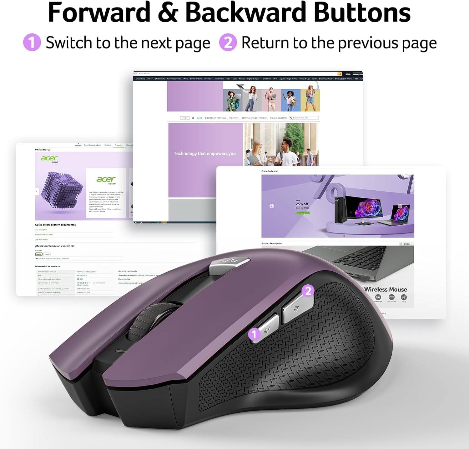 Forward & Backward Buttons  
1. Switch to the next page  
2. Return to the previous page  

acer - Technology that empowers you  

15% off  

Wireless Mouse