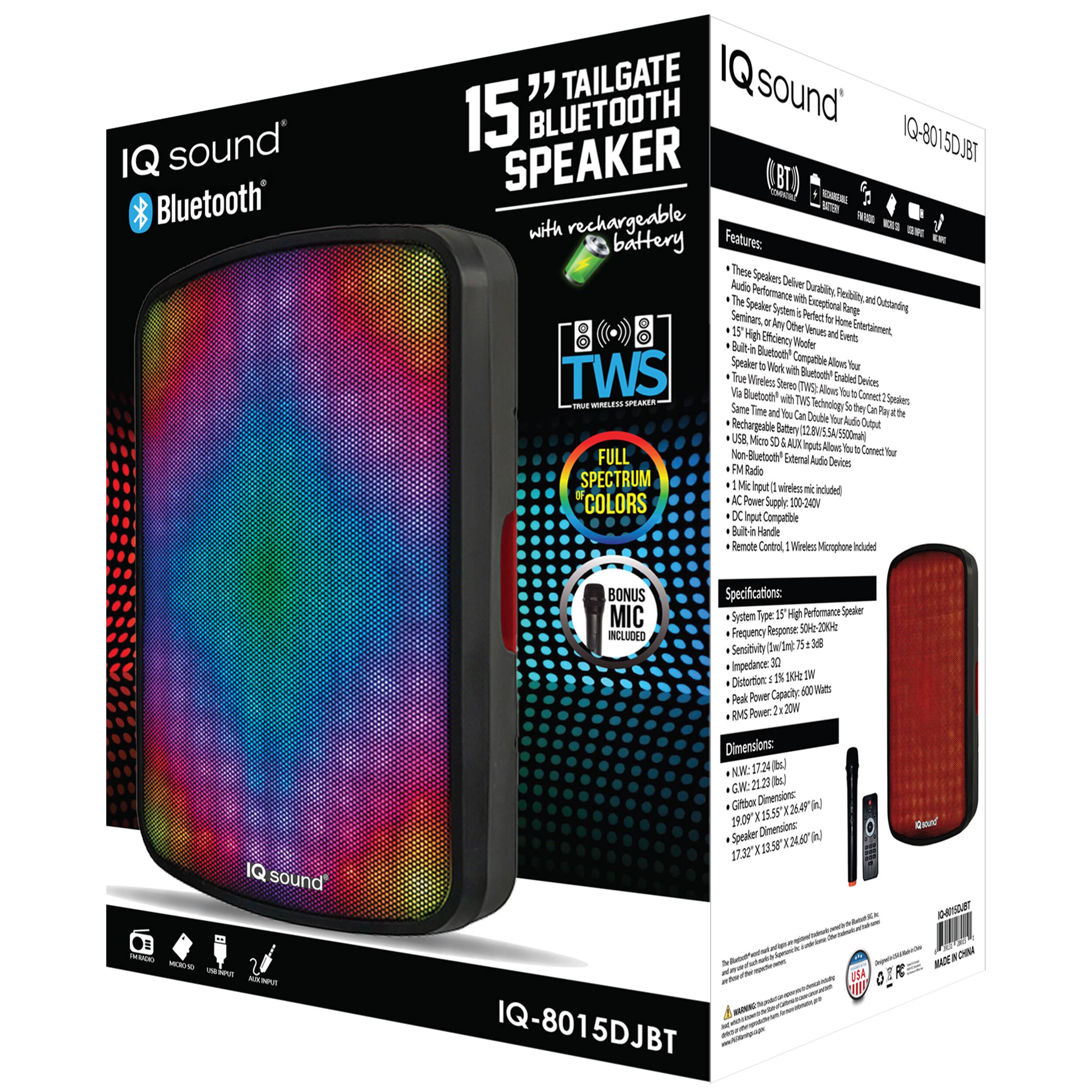 IQ sound Bluetooth TAILGATE IQ sound 15" BLUETOOTH IQ-8015DJ8T SPEAKER (.BT) $ -E - rechargeable SE KXS with Features: E battery These Spraken Audio Deliver Dusblity The Performance F Feiblity ane Speaker Syetem  Esceptoral frp Deteing Semiears a Tefect A Hone ley Other Entertiment  Hp Nerum mnc bet Buit-in (oimo Buetoet! Compatbile Speaker to Wok Aw Your TWS  Buetodh! True Wioreess Stees Erbled Deilos Ve TV Allout. You D SPARA Buetoot! te TWS Comec oolen 1U MRELESS Same Tedediog te te Time and Yu Cn Car Doible Your Aude Oute Rechuegraibtle Butery 12845.5 USE Mos 50 5500ml AIX inout Alow Yu Non Buetoce Conect bu FULL Extenul Audio Oevices M Rado SPECTRUM Mic Input I wireles D induted COLORS AC Power Supple 100-34