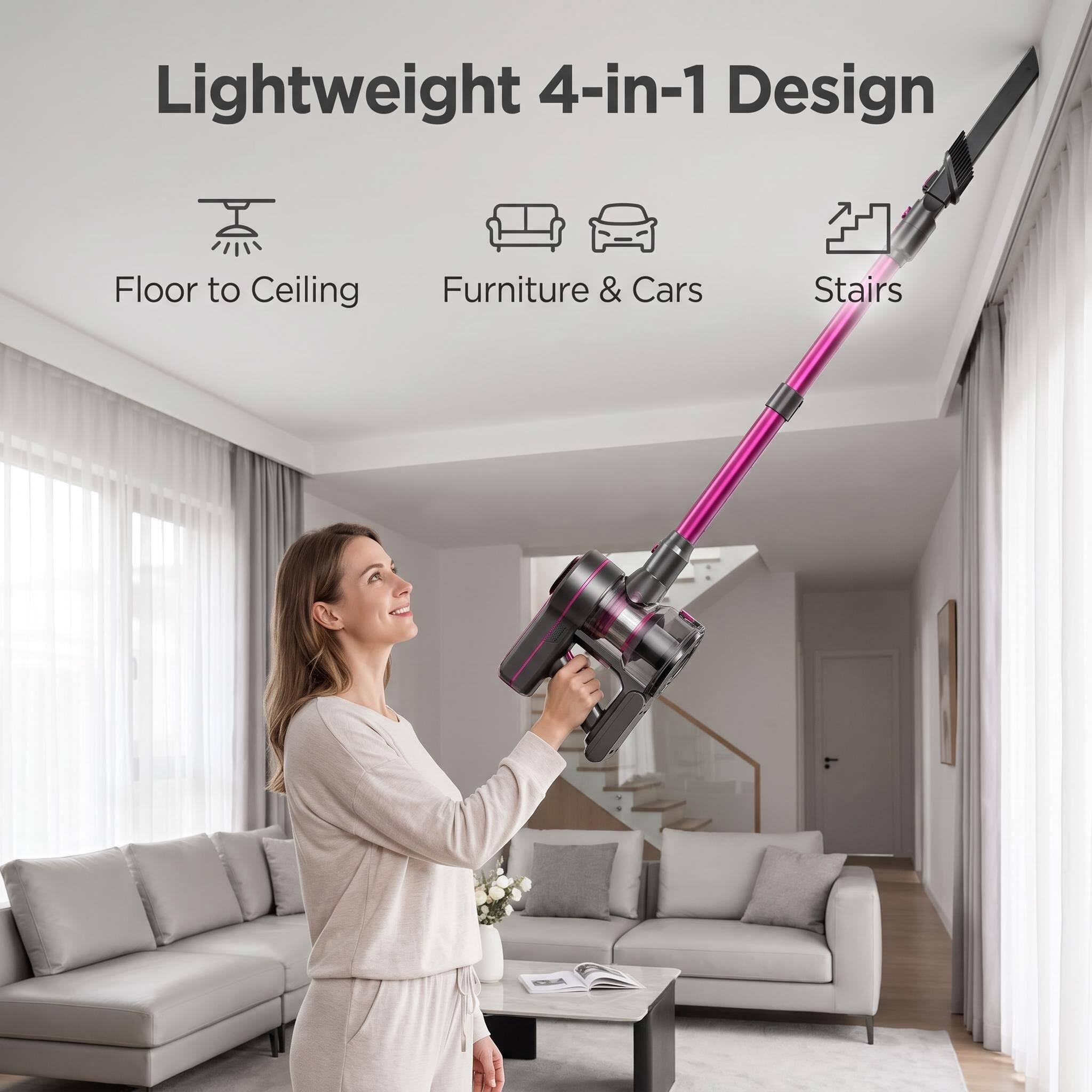Lightweight 4-in-1 Design  
Floor to Ceiling  
Furniture & Cars  
Stairs
