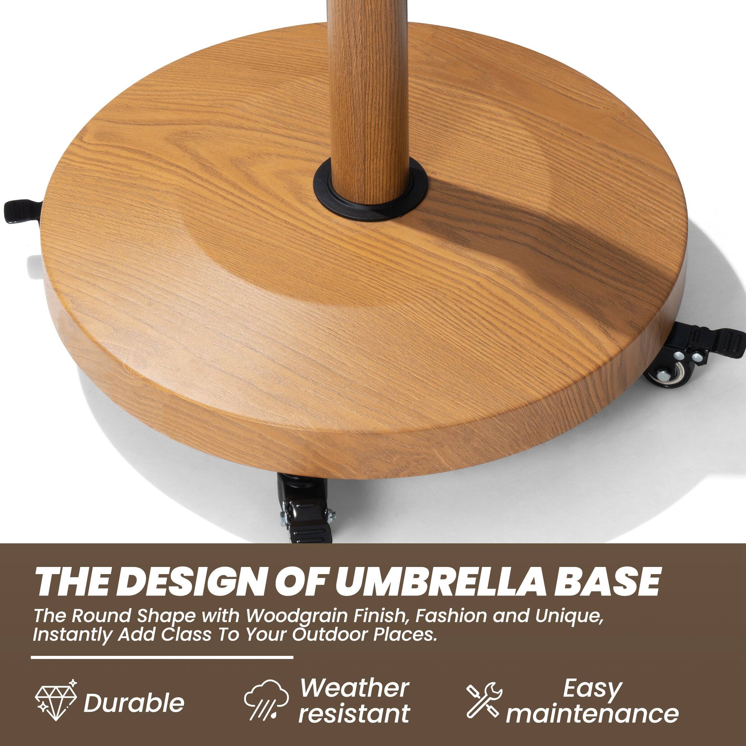 THE DESIGN OF UMBRELLA BASE

The Round Shape with Woodgrain Finish, Fashion and Unique, Instantly Add Class To Your Outdoor Places.

- Durable
- Weather resistant
- Easy maintenance