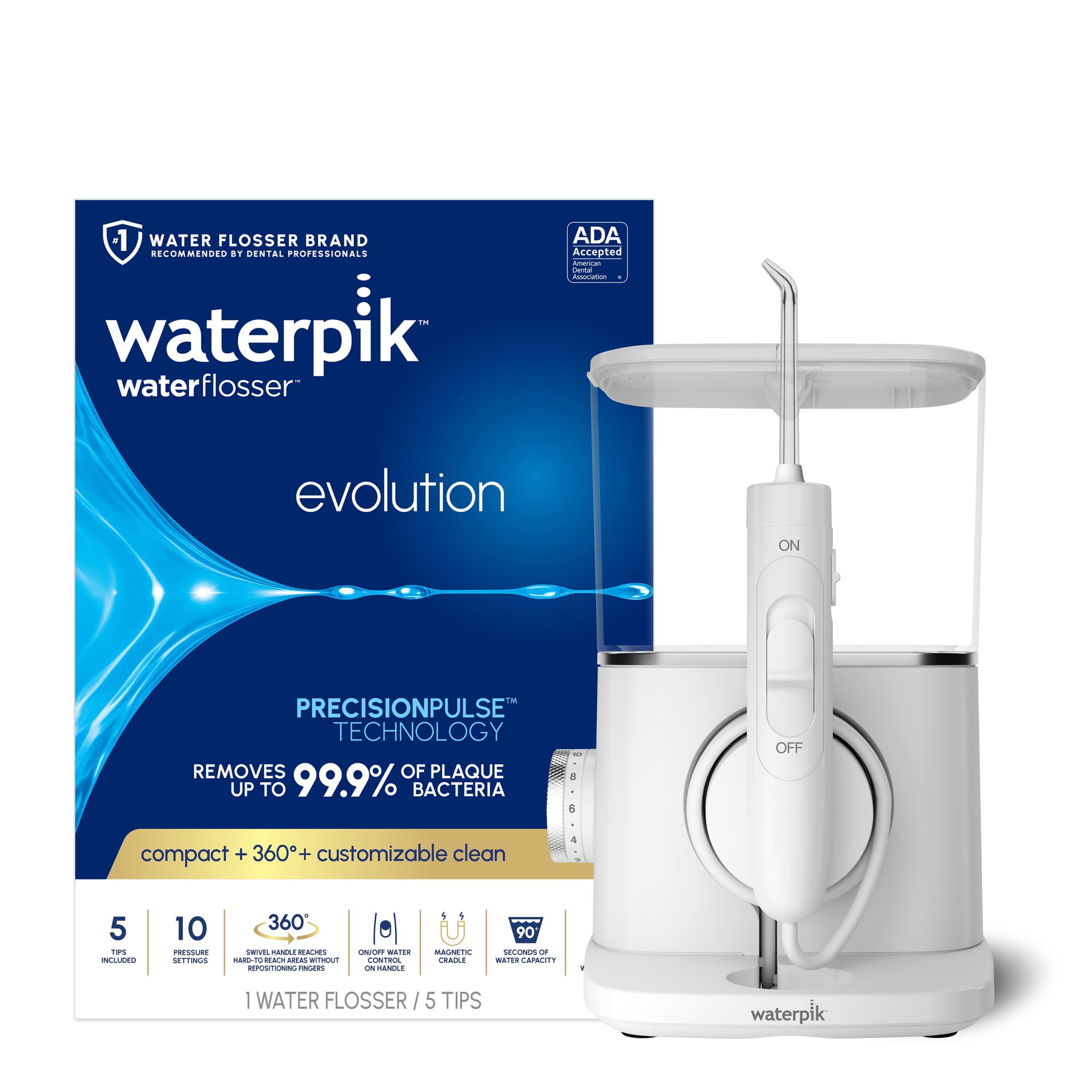 Waterpik - Evolution Water Flosser with 10 Settings, 5 Tips, ADA Accepted - White