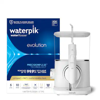 1 WATER FLOSSER BRAND RECOMMENDED BY DENTAL PROFESSIONALS
waterpik waterflosser
evolution
PRECISIONPULSE™ TECHNOLOGY
REMOVES UP TO 99.9% OF PLAQUE AND BACTERIA
compact + 360° + customizable clean
5 TIPS INCLUDED
10 PRESSURE SETTINGS
360° SWIVEL HANDLE REACHES HARD-TO-REACH AREAS WITHOUT REMOVING DEVICE
ON/OFF WATER CONTROL
MAGNETIC CRADLE
90 SECONDS WATER CAPACITY
1 WATER FLOSSER / 5 TIPS
