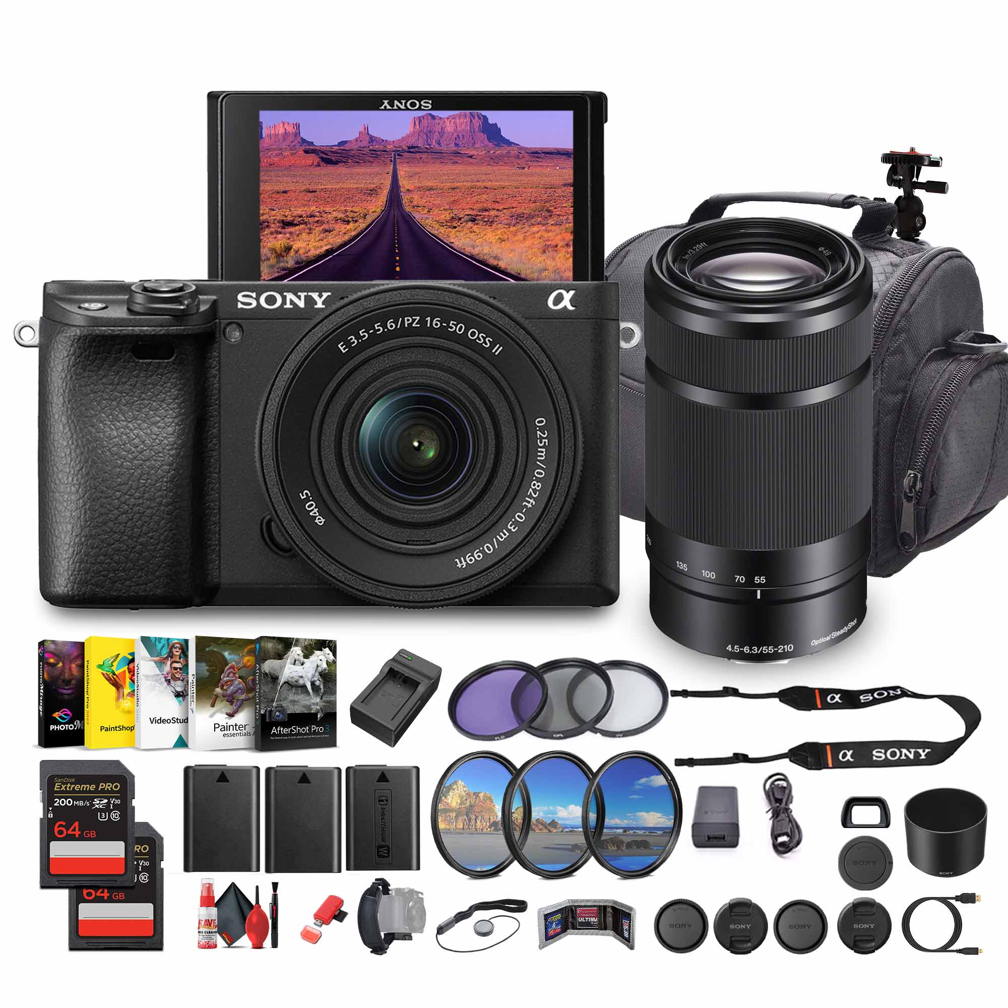 Sony - Alpha a6100 Mirrorless Camera w 16-50mm OSS II and 55-210mm Zoom Lenses Bundle (International Version)