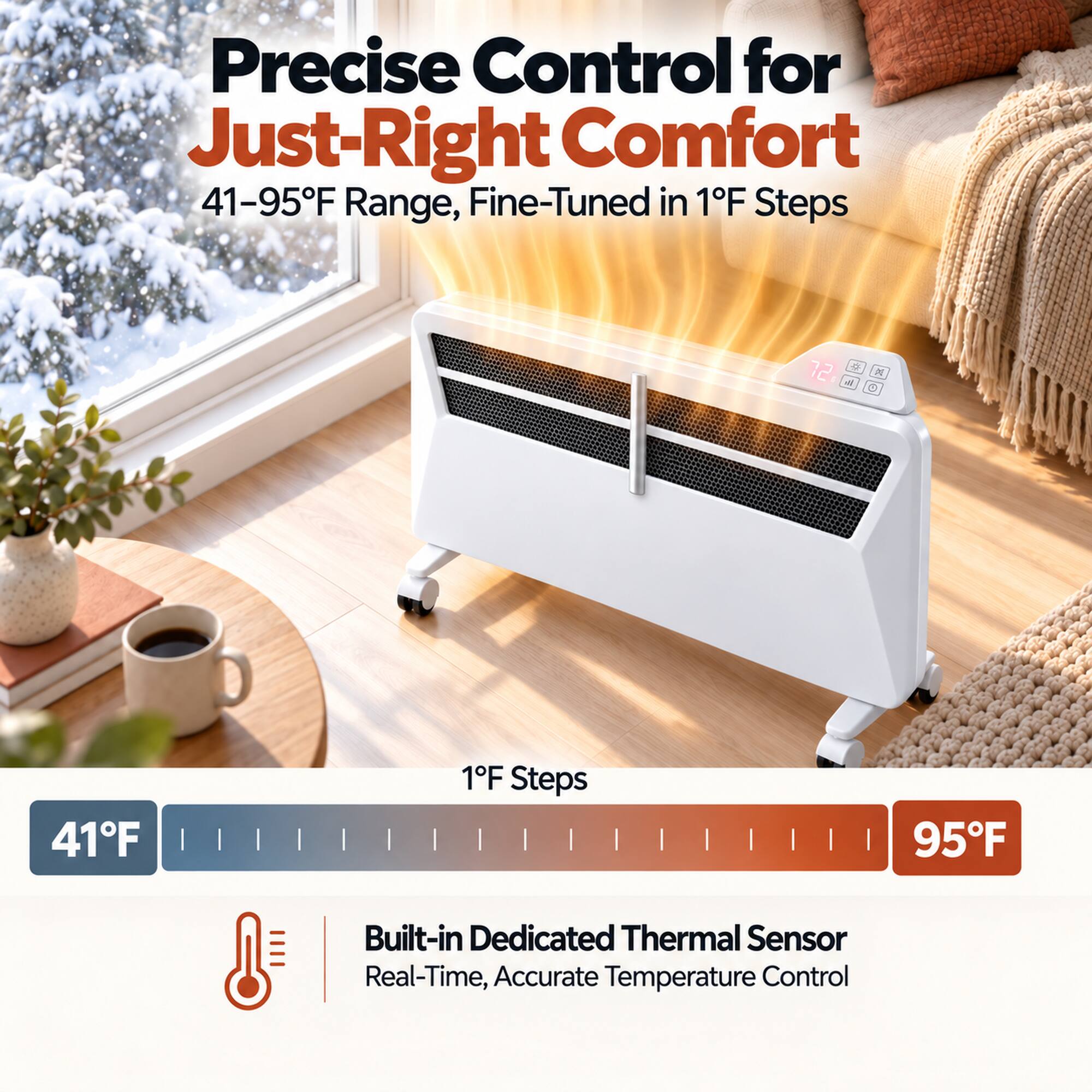 Precise Control for Just-Right Comfort  
41-95°F Range, Fine-Tuned in 1°F Steps  

41°F  
1°F Steps  
95°F  

Built-in Dedicated Thermal Sensor  
Real-Time, Accurate Temperature Control