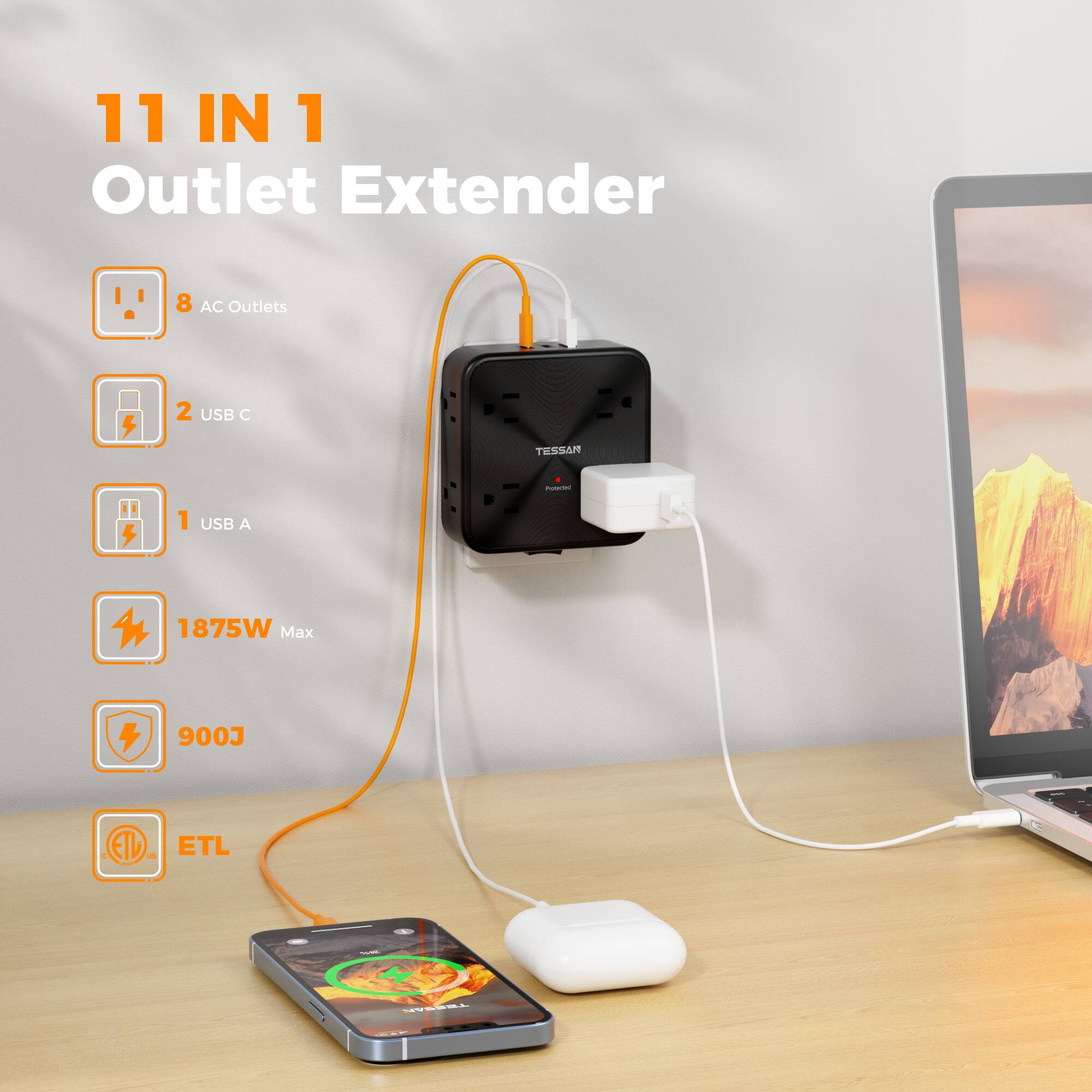 11 IN 1 Outlet Extender

8 AC Outlets
2 USB C
1 USB A
1875W Max
900J
ETL