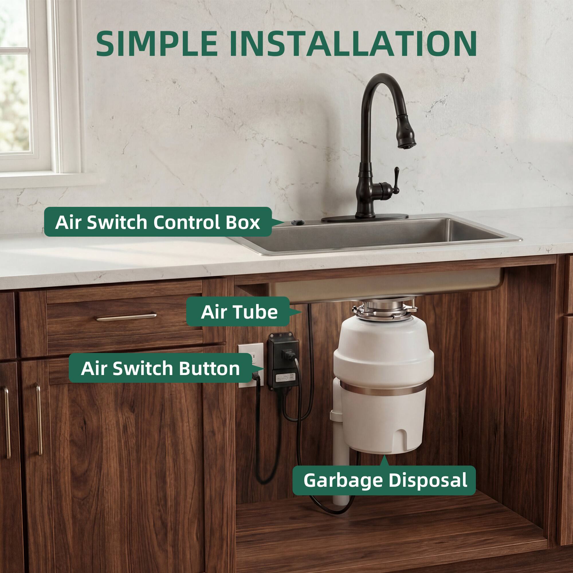 SIMPLE INSTALLATION

- Air Switch Control Box
- Air Tube
- Air Switch Button
- Garbage Disposal