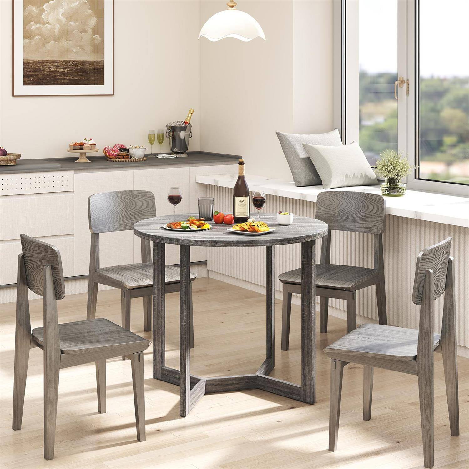 Angle. Pefilos - 36" Round Dining Table,Wing-Shaped Pedestal Base,Rubber Wood Legs,Non-Slip Pads,Black - Black.