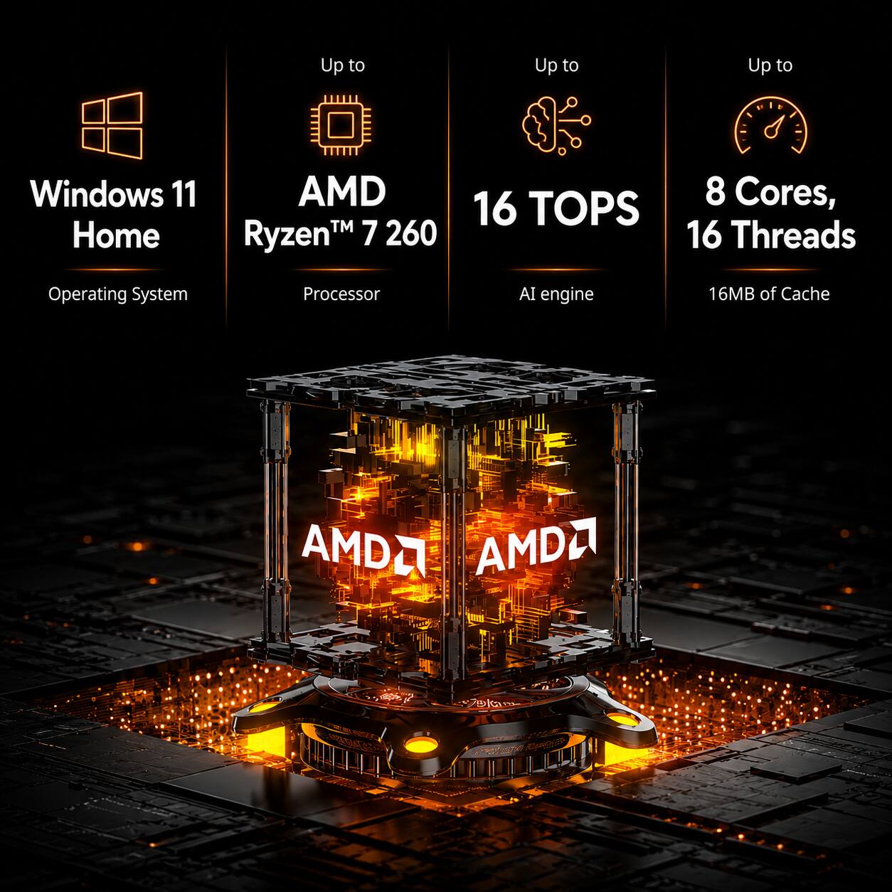 Up to Windows 11 Home  
AMD Ryzen™ 7 260  
Operating System Processor  
AI engine  
16 TOPS  
8 Cores, 16 Threads  
16MB of Cache