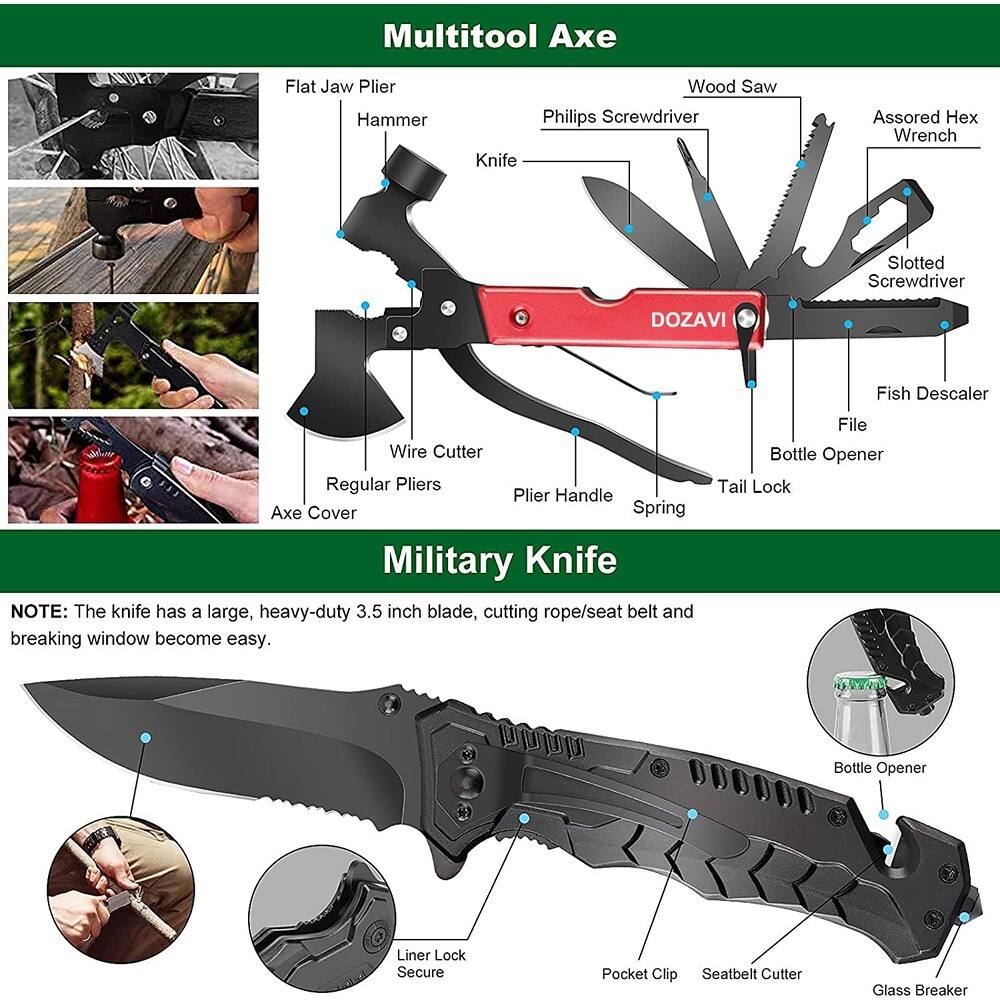Multitool Axe Flat Jaw Plier Hammer Wood Saw Philips Screwdriver Knife Assorted Hex Wrench Slotted Screwdriver DOZAVI Fish Descaler Wire Cutter Regular Pliers Plier Handle Axe Cover Spring Military Knife

NOTE: The knife has a large, heavy-duty 3.5 inch blade, cutting rope/seat belt and breaking window become easy.

File Bottle Opener Tail Lock Bottle Opener Liner Lock Secure Pocket Clip Seatbelt Cutter Glass Breaker