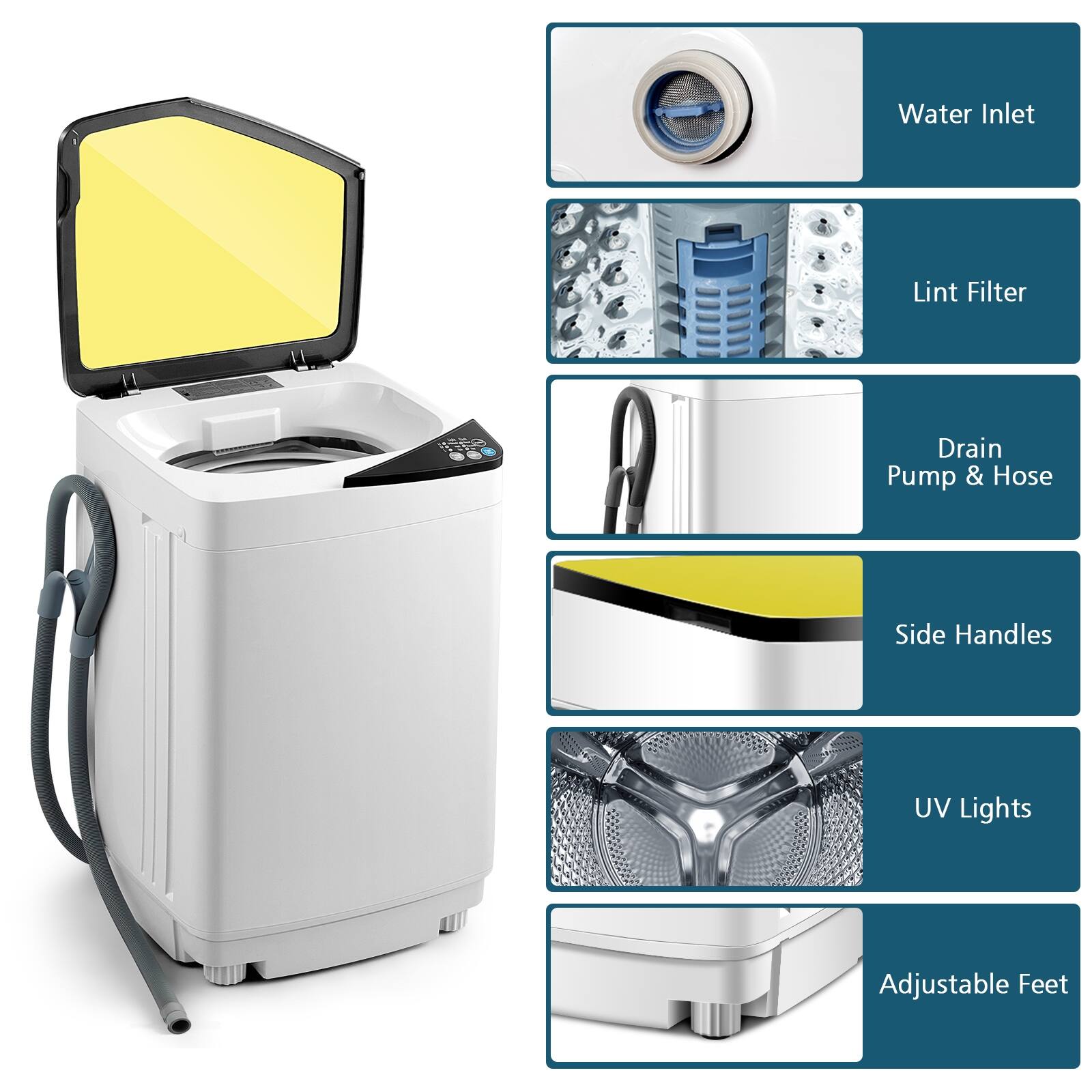 Water Inlet, Lint Filter, Drain Pump & Hose, Side Handles, UV Lights, Adjustable Feet