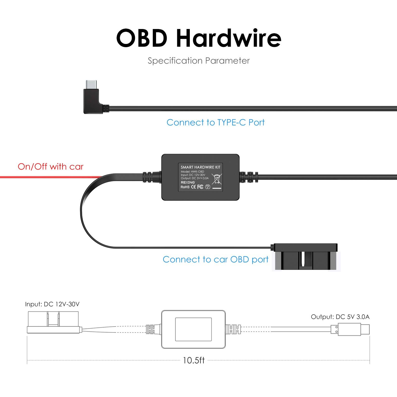 The text on the image is grouped and corrected as follows:

OBD Hardwire Specification Parameter: Connect to TYPE-C Port

On/Off with car SMART HARDWIE KIT Modal Thin-to-Ethernet NPU NE DUtu . SOELIA REXING Hoes CE FC I Connect to car OBD port

Input: DC 12V-30V
Output: DC 5V 3.0A
Length: 10.5ft