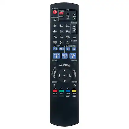 POWER
OPEN/CLOSE
INPUT
TV
VOL +
VOL -
CH ^
1
2 ABC
3 DEF
4 GHI
5 JKL
6 MNO
7 PQRS
8 TUV
9 WXYZ
0 -
SKIP
STOP
PAUSE
PLAY
STATUS
FUNCTIONS
RECEIVER
VOL +
VOL -
AUDIO
RE-MASTER
SLOW SEARCH
CANCEL
POP-UP MENU
DIRECT MENU
DISPLAY
SUB MENU
RETURN
SETUP
PIP
VIETA
DRIVE
CAST
SELECT
S
R
G
B
Y