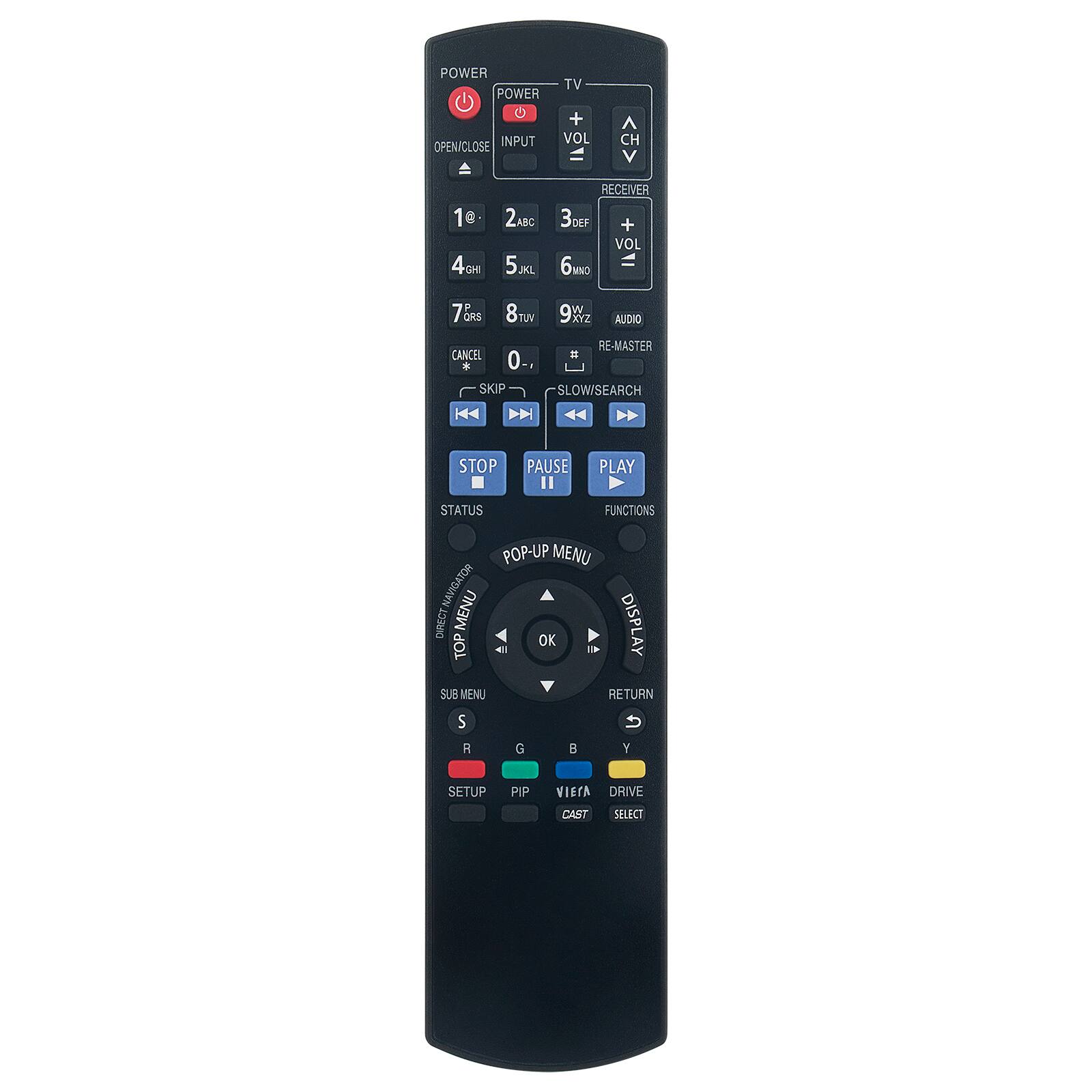 POWER  
OPEN/CLOSE  
INPUT  
TV  
VOL +  
VOL -  
CH ^  
1  
2 ABC  
3 DEF  
4 GHI  
5 JKL  
6 MNO  
7 PQRS  
8 TUV  
9 WXYZ  
0 -  
SKIP  
STOP  
PAUSE  
PLAY  
STATUS  
FUNCTIONS  
RECEIVER  
VOL +  
VOL -  
AUDIO  
RE-MASTER  
SLOW SEARCH  
CANCEL  
POP-UP MENU  
DIRECT MENU  
DISPLAY  
SUB MENU  
RETURN  
SETUP  
PIP  
VIETA  
DRIVE  
CAST  
SELECT  
S  
R  
G  
B  
Y