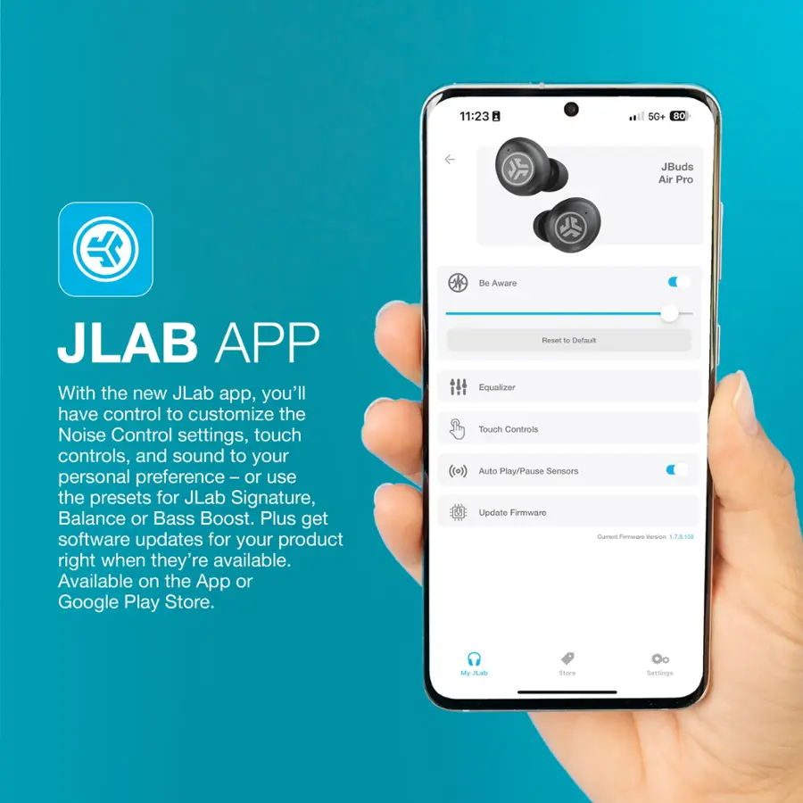 The text on the image is already grouped and correctly written. It reads:

"With the new JLab app, you'll have control to customize the Noise Control settings, touch controls, and sound to your personal preference or use the presets for JLab Signature, Balance or Bass Boost. Plus get software updates for your product right when they're available. Available on the App or Google Play Store. Reset - ptauat Equalizer Touch Controls Auto Play/Pause Sensors Update Firmware Cn Femwar Merston 1415 My JLab Settings."