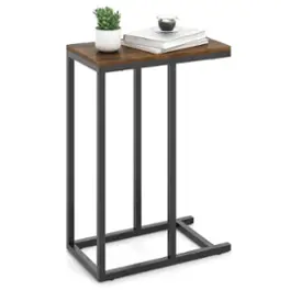 Costway - C-shaped Side Table Industrial Sofa Table with Heavy-duty Metal Frame - Brown